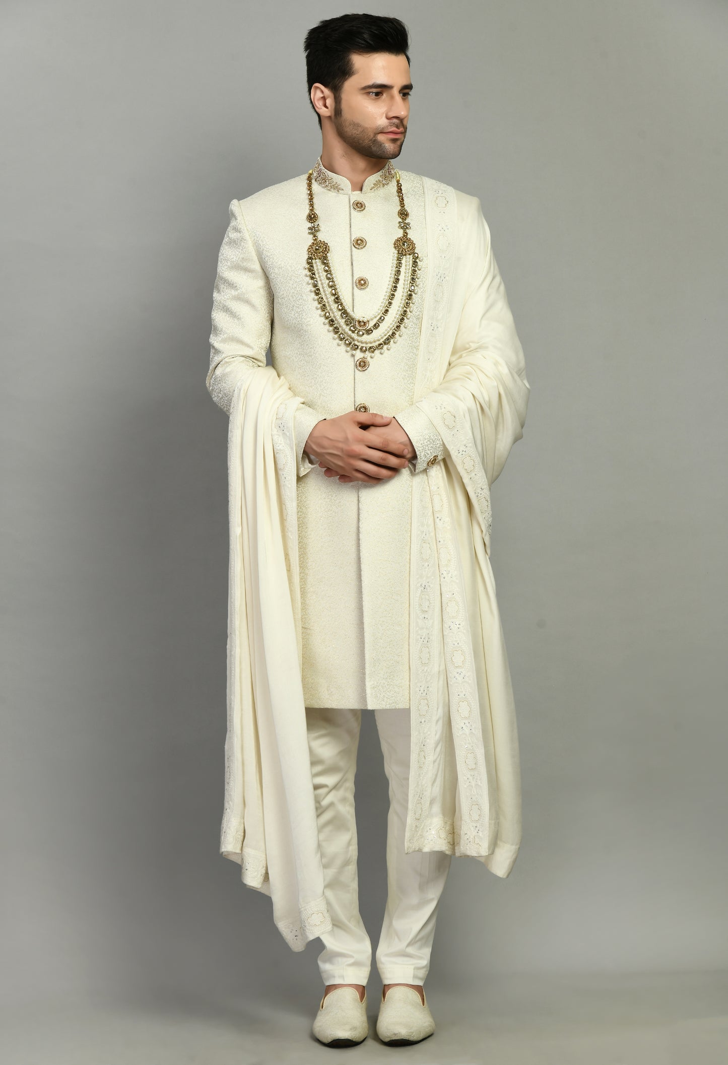 Men’s Sherwani – Silk in Ivory with Detailed Hand Embroidery Allover | One Man Show