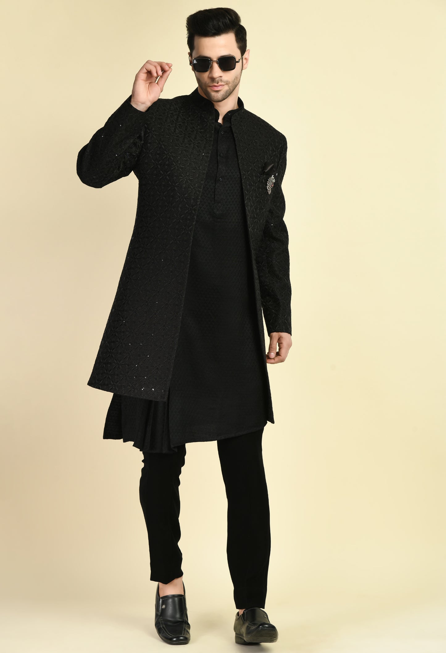 Men’s Indo-Western – Silk Georgette in Black with Front Open Self Sequins Embroidery | One Man Show