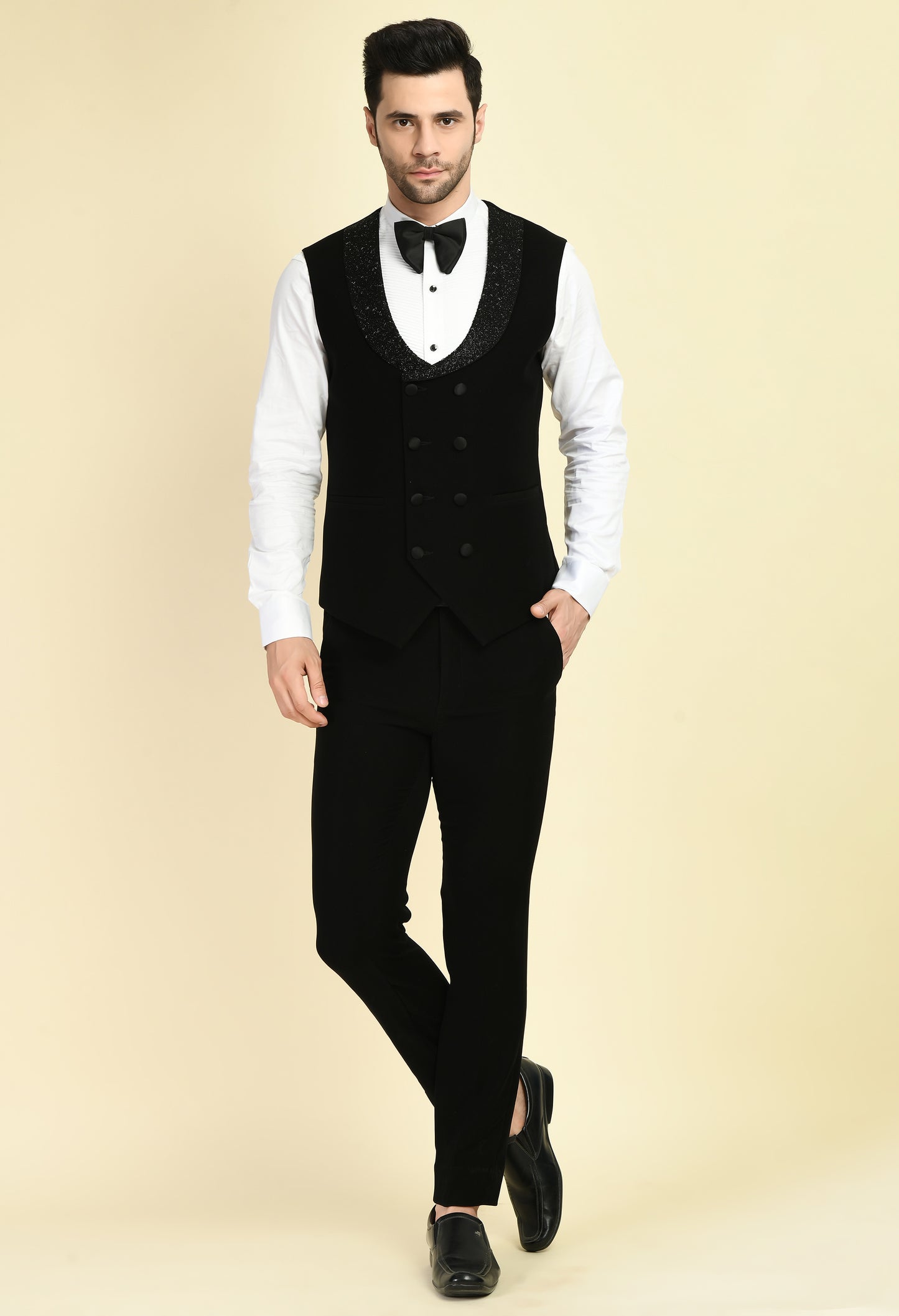 Men’s Tuxedo – Japanese Lycra in Black with Glass Beads Work on Double Lapel Design | One Man Show