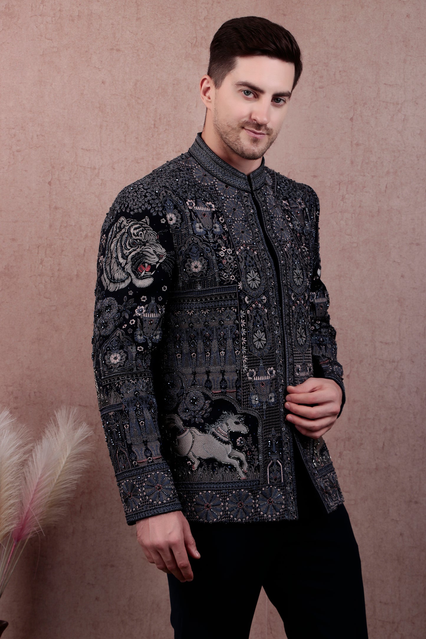 Men’s Bandhgala – Japanese Lycra in Navy Blue with Theme Embroidery Nature | One Man Show