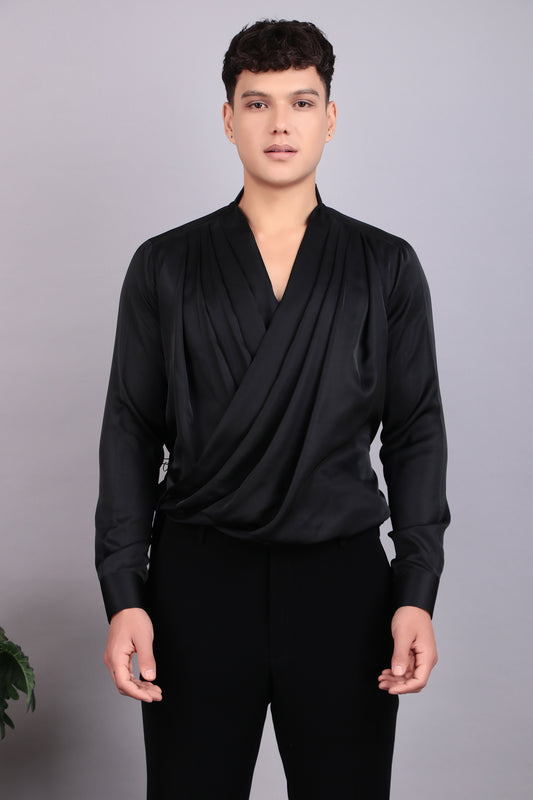 Men’s Tuxedo – Japanese Lycra in Black with Modern Cut & Designer Cowl Shirt | One Man Show