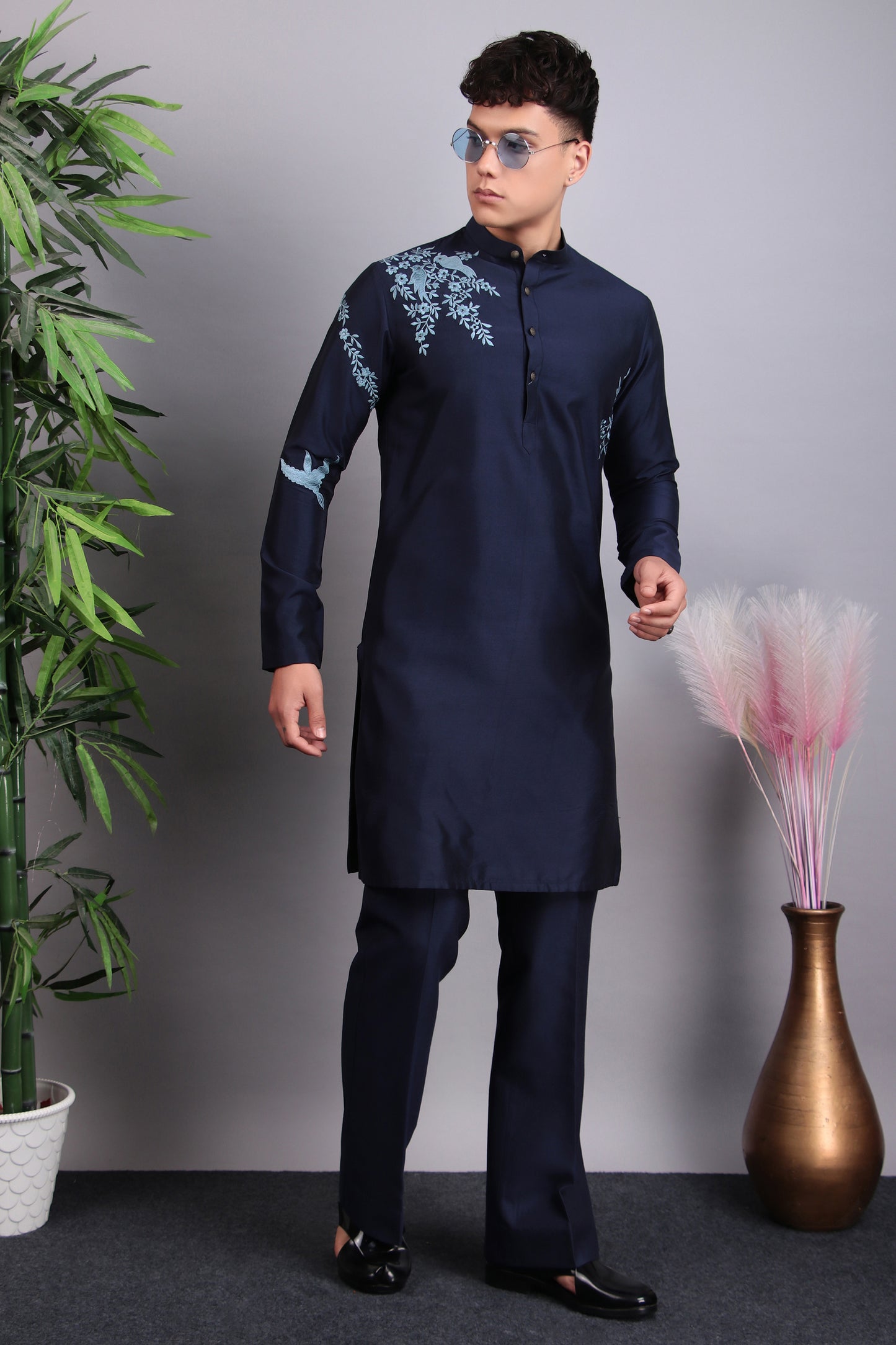 Detail view 4 - Men’s Kurta Set – Silk in Blue with Blue Silk Thread Placement Embroidery