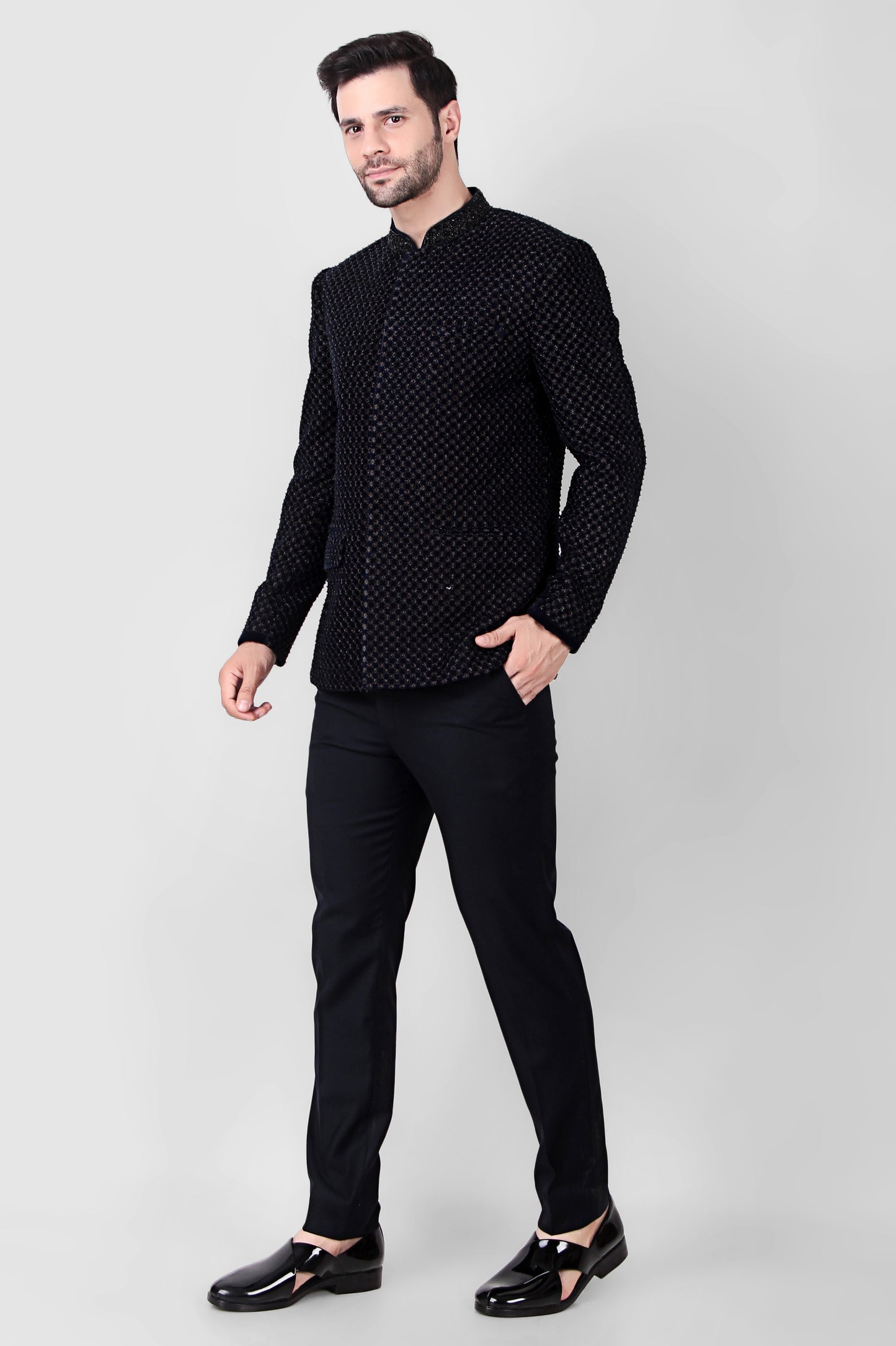 Men’s Bandhgala – Velvet in Black with Beads Embroidery | One Man Show