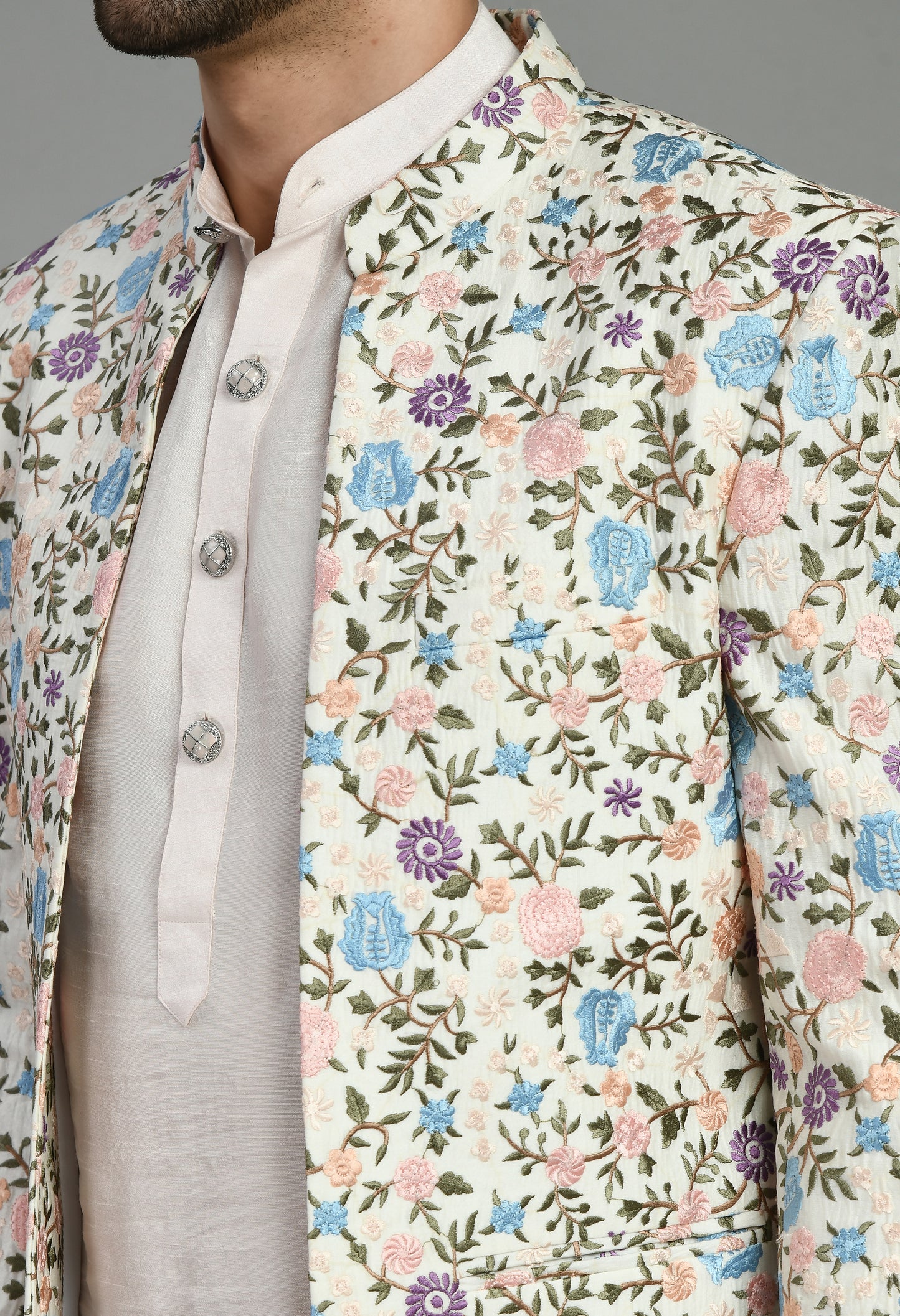Detail view 3 - Men’s Indo-Western – Silk Kurta in Multi Color with Multi Color Floral Silk Thread Embroidery