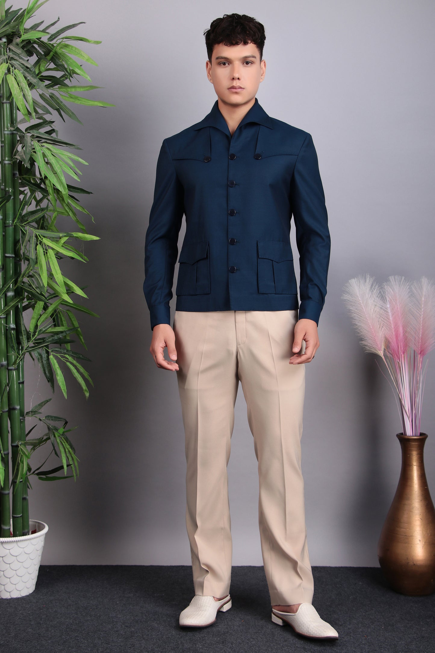 Men’s Suit – Suiting Lycra in Blue with Hunter Shirt and Hand Stitchwork Details | One Man Show