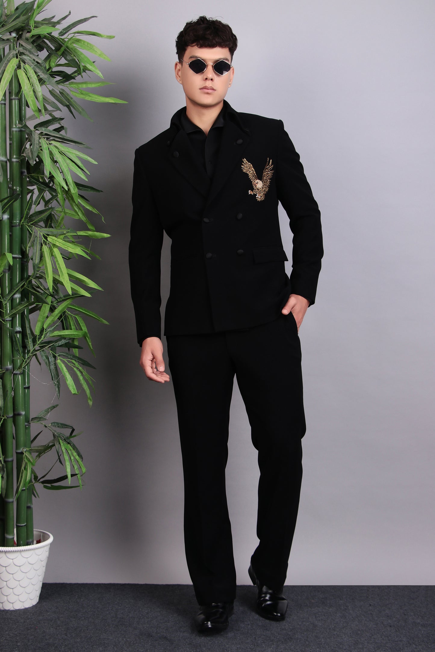 Men’s Tuxedo – Japanese Lycra in Black with Eagle Motif Embroidery | One Man Show