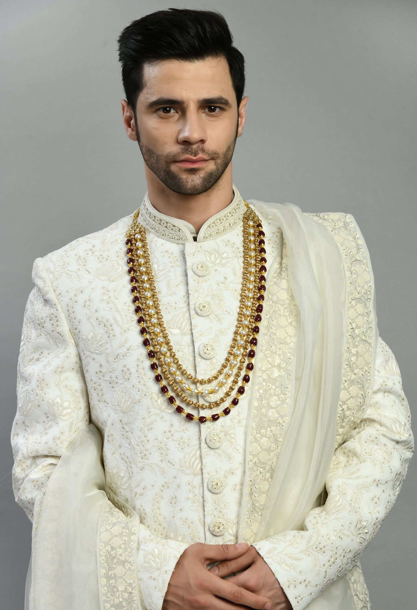 Men’s Sherwani – Silk in Ivory with Detailed Hand Embroidery Allover | One Man Show