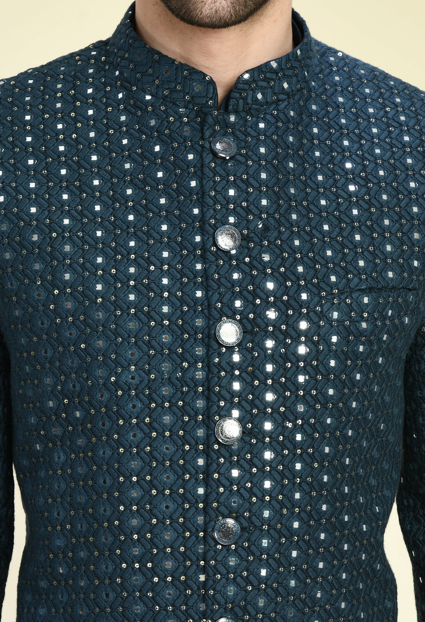 Men’s Nehru Jacket – Silk Georgette in Teal Blue with Silk Thread and Mirrorwork Embroidery | One Man Show