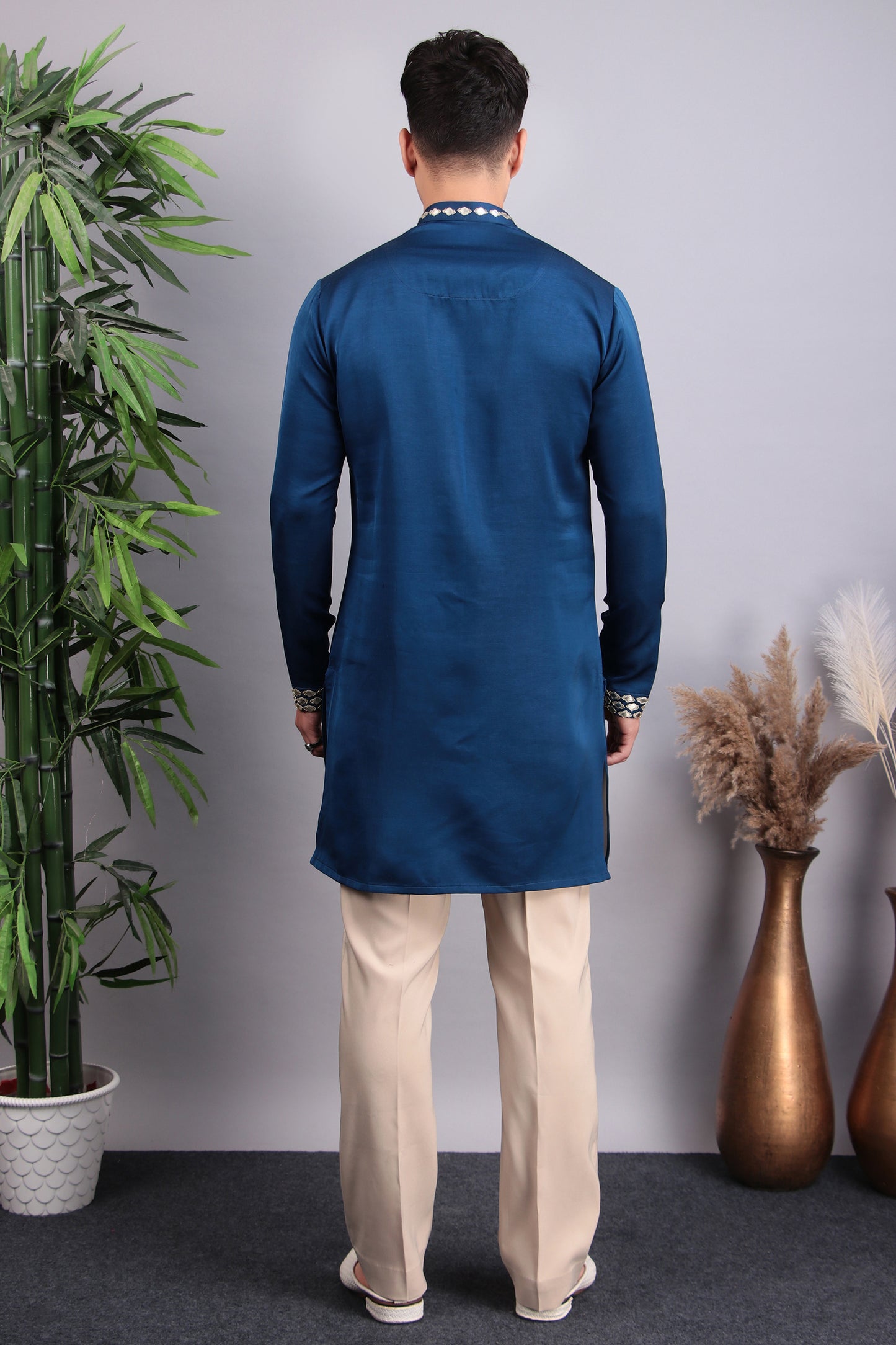 Men’s Kurta Set – Modal Satin in Blue with Brads, Stone and Leather Applique Work | One Man Show