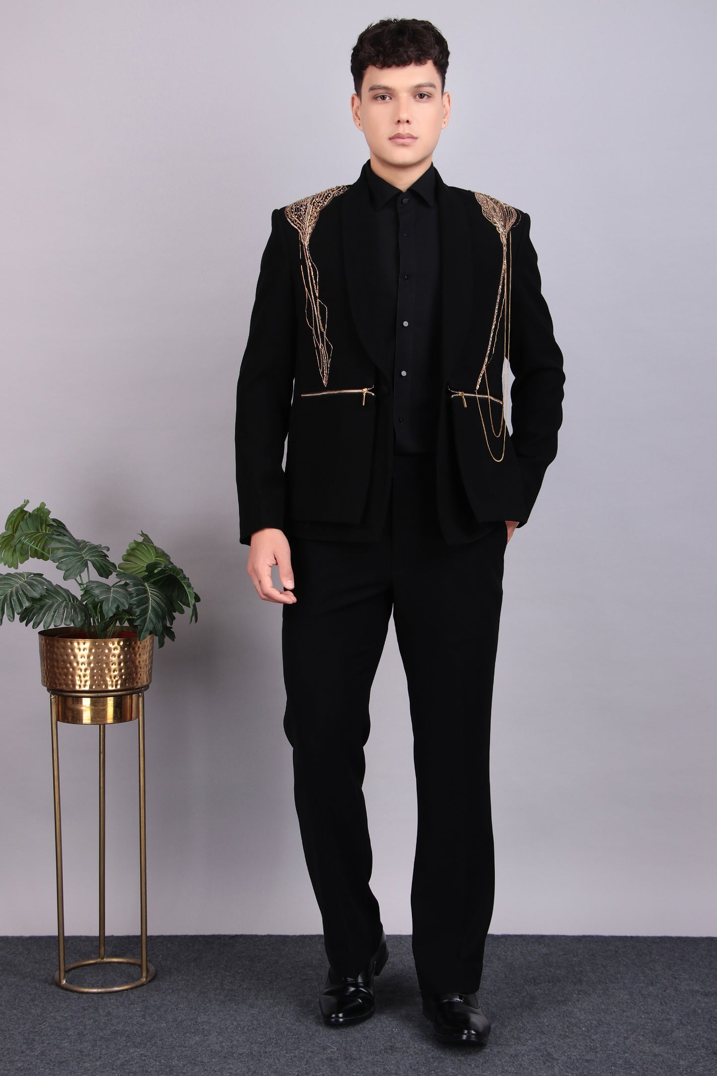 Men’s Tuxedo – Japanese Lycra in Black with Golden Embroidery | One Man Show