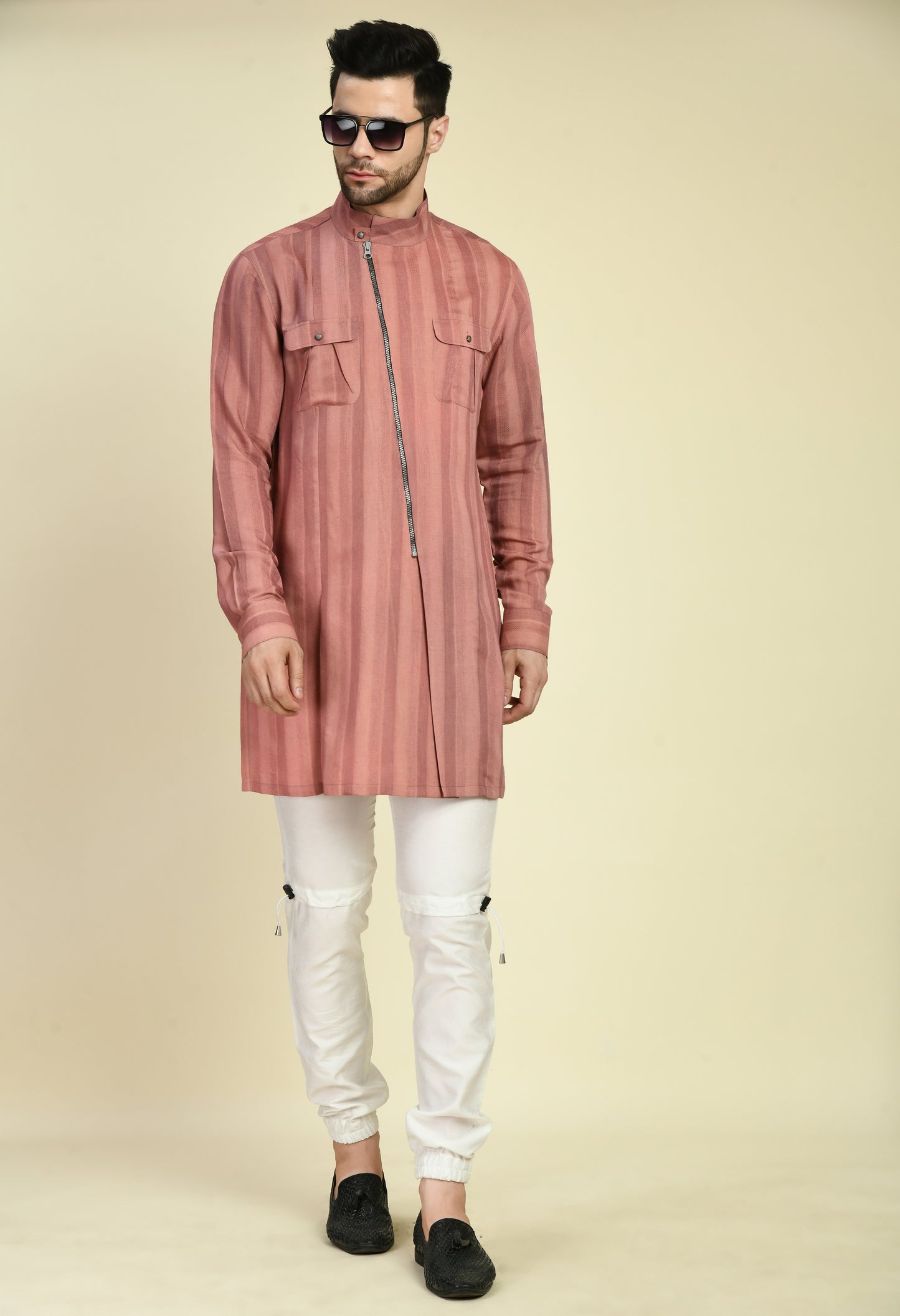 Men’s Nehru Jacket – Silk Jaquard in Pink with Assymetric Zipper Front | One Man Show