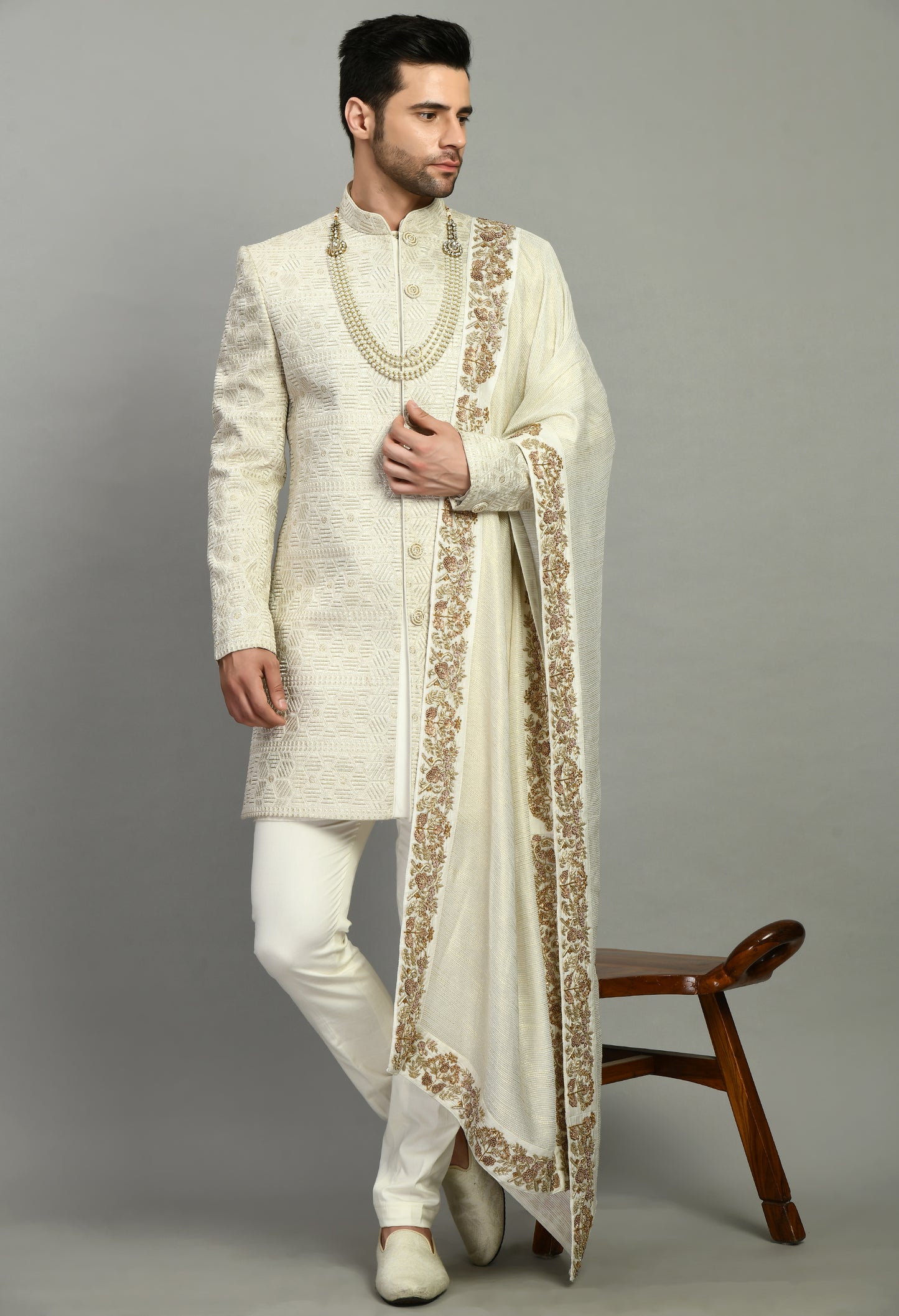 Men’s Sherwani – Silk in Ivory with Detailed Hand Embroidery | One Man Show