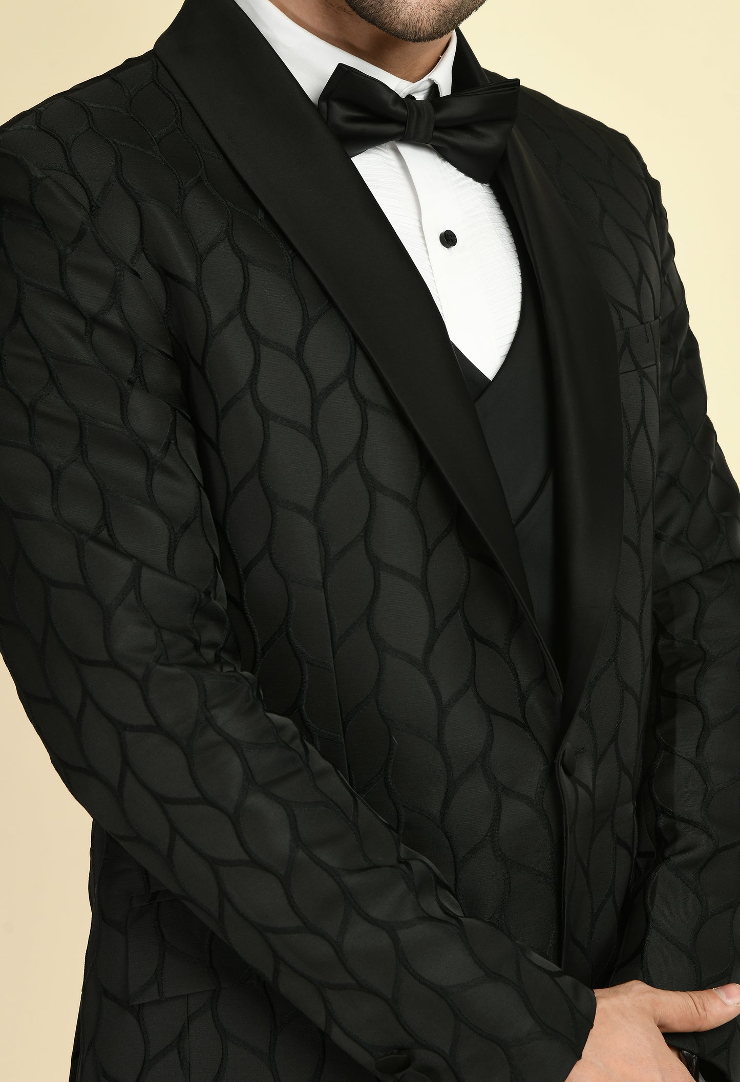 Men’s Tuxedo – Japanese Lycra in Black with Floral Jaquard Tuxedo Top | One Man Show