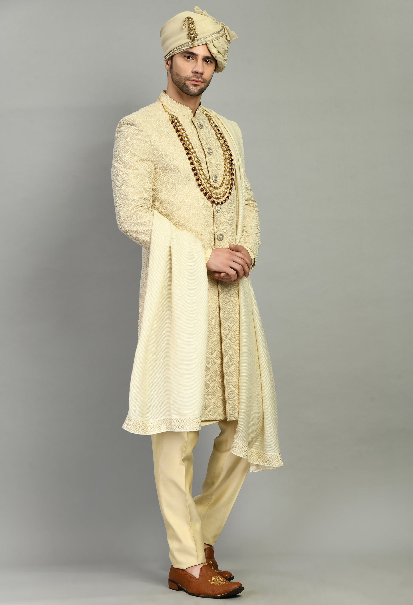 Men’s Sherwani – Silk in Cream with Detailed Hand Embroidery Allover | One Man Show