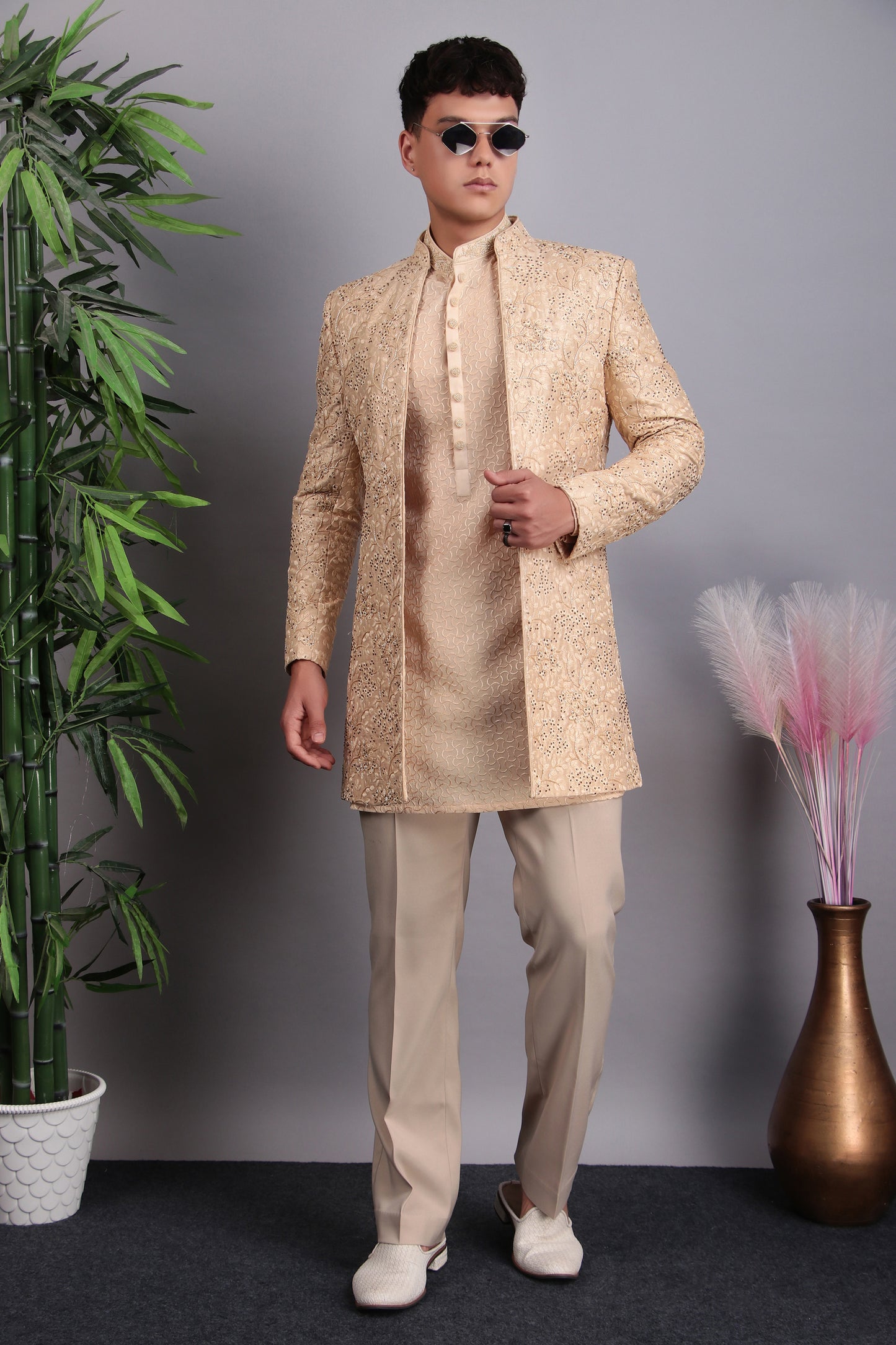 Men’s Indo-Western – Silk Embroidered Fabric in Beige with Floral Hand Embroidery | One Man Show