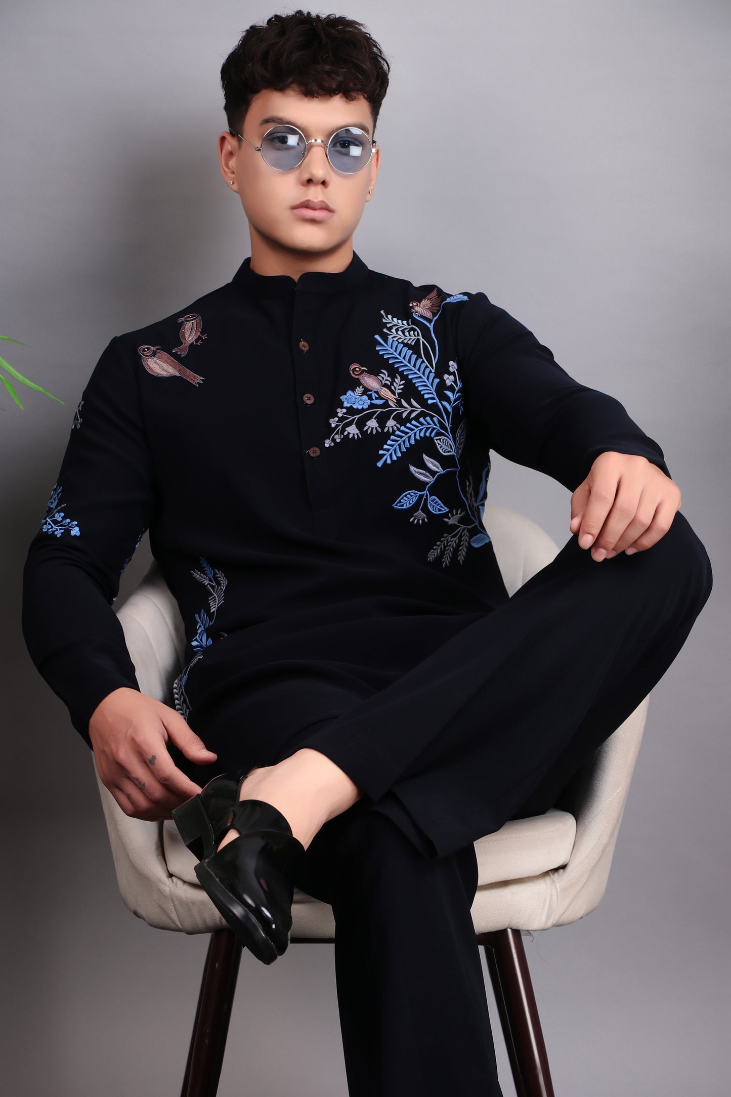Detail view 4 - Men’s Kurta Set – Japanese Lycra in Blue with Blue Silk Thread Placement Embroidery