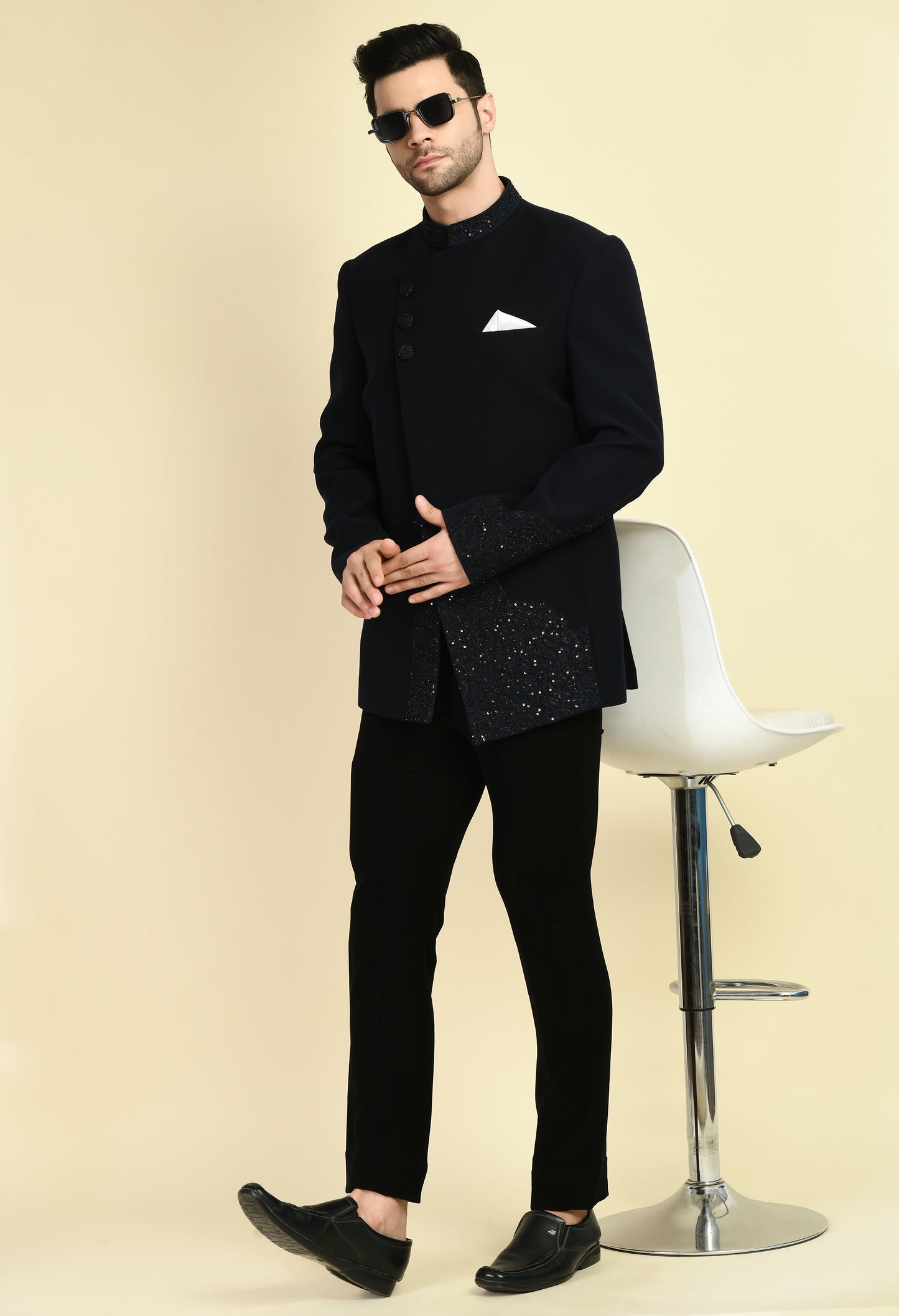 Detail view 3 - Men’s Bandhgala – Japanese Lycra in Black with Angrakha Front and Abstract Embroidery