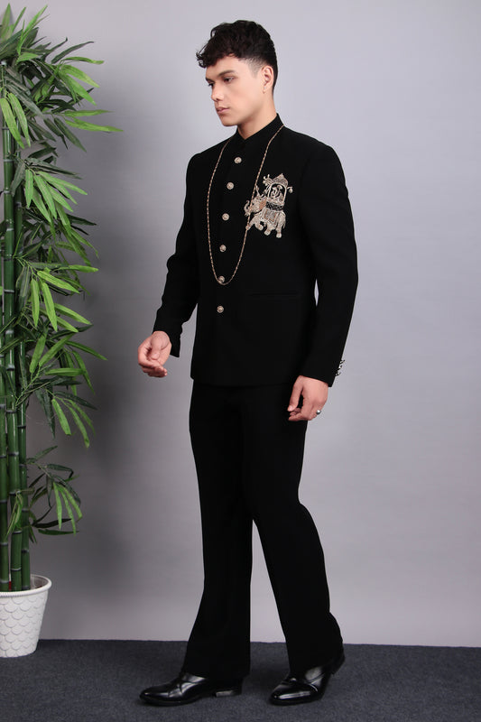 Men’s Bandhgala – Japanese Lycra in Black with Patch Motif Embroidery | One Man Show