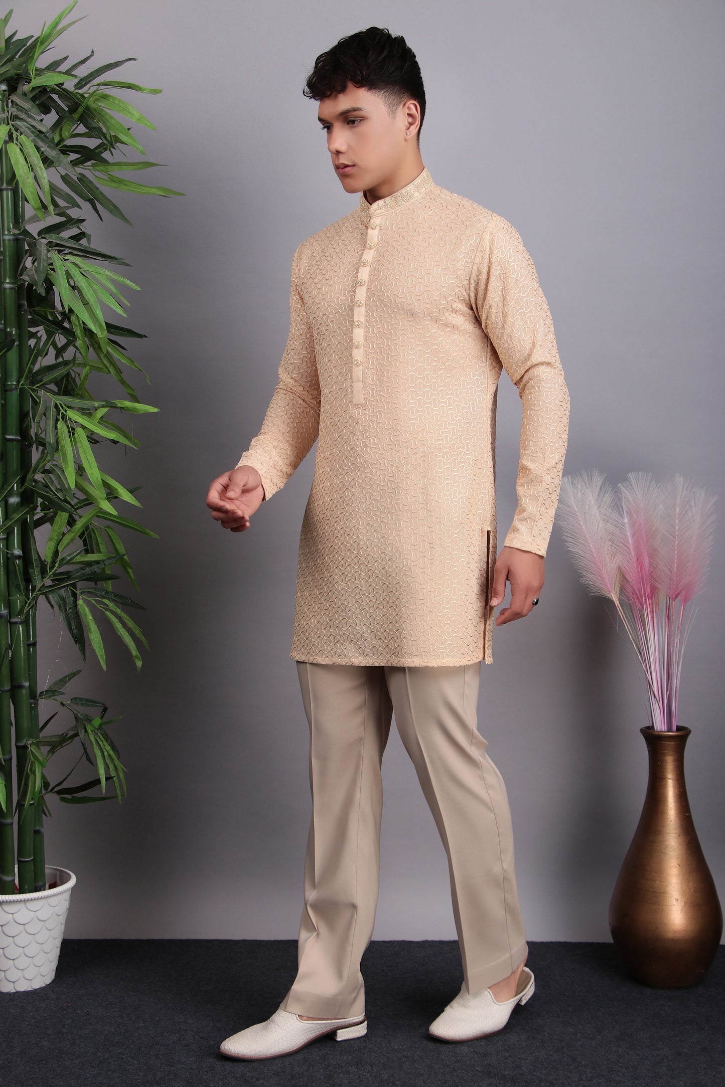 Men’s Indo-Western – Silk Embroidered Fabric in Beige with Floral Hand Embroidery | One Man Show