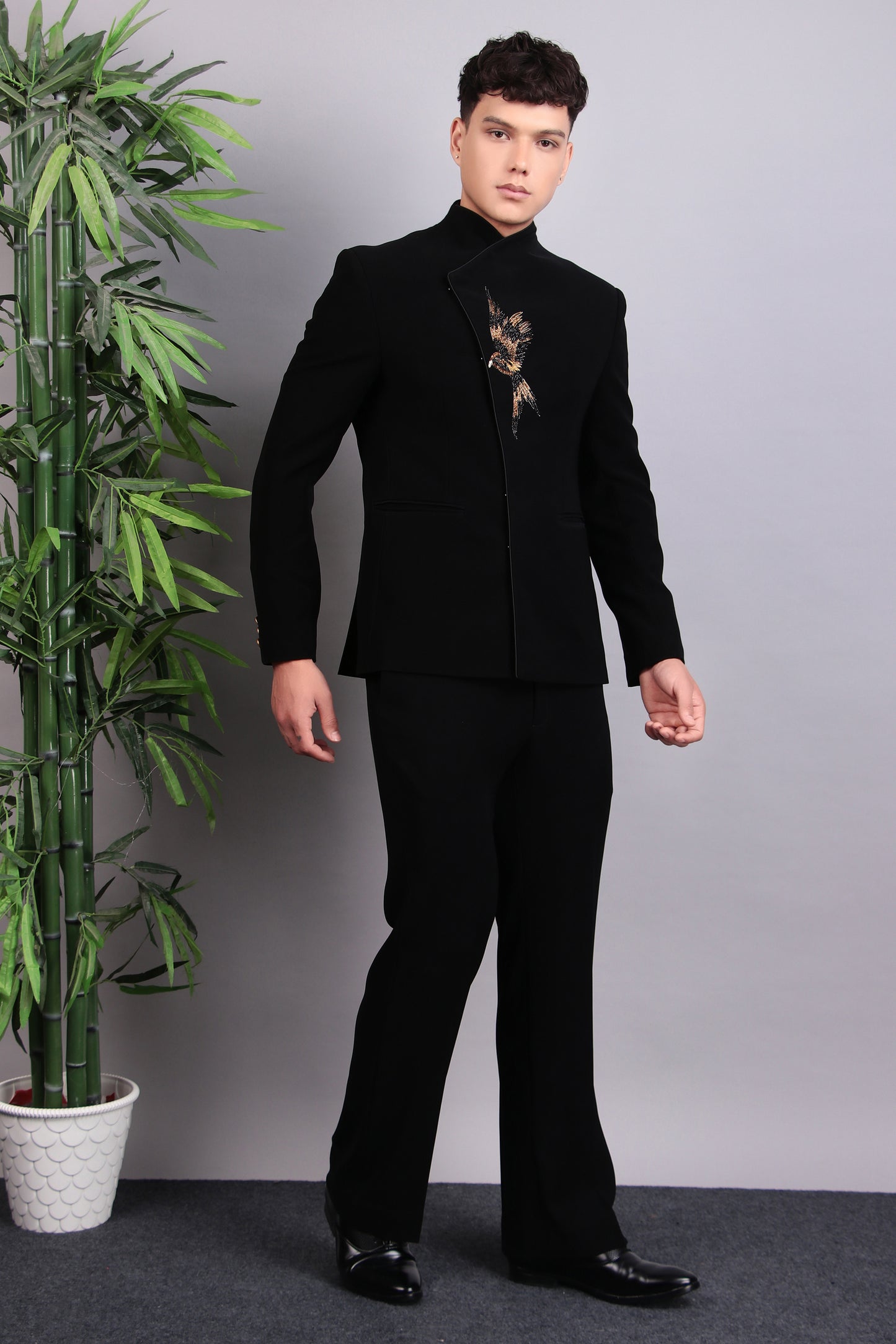 Men’s Bandhgala – Japanese Lycra in Black with Assymetric Front Cut and Bird Motif Embroidery | One Man Show