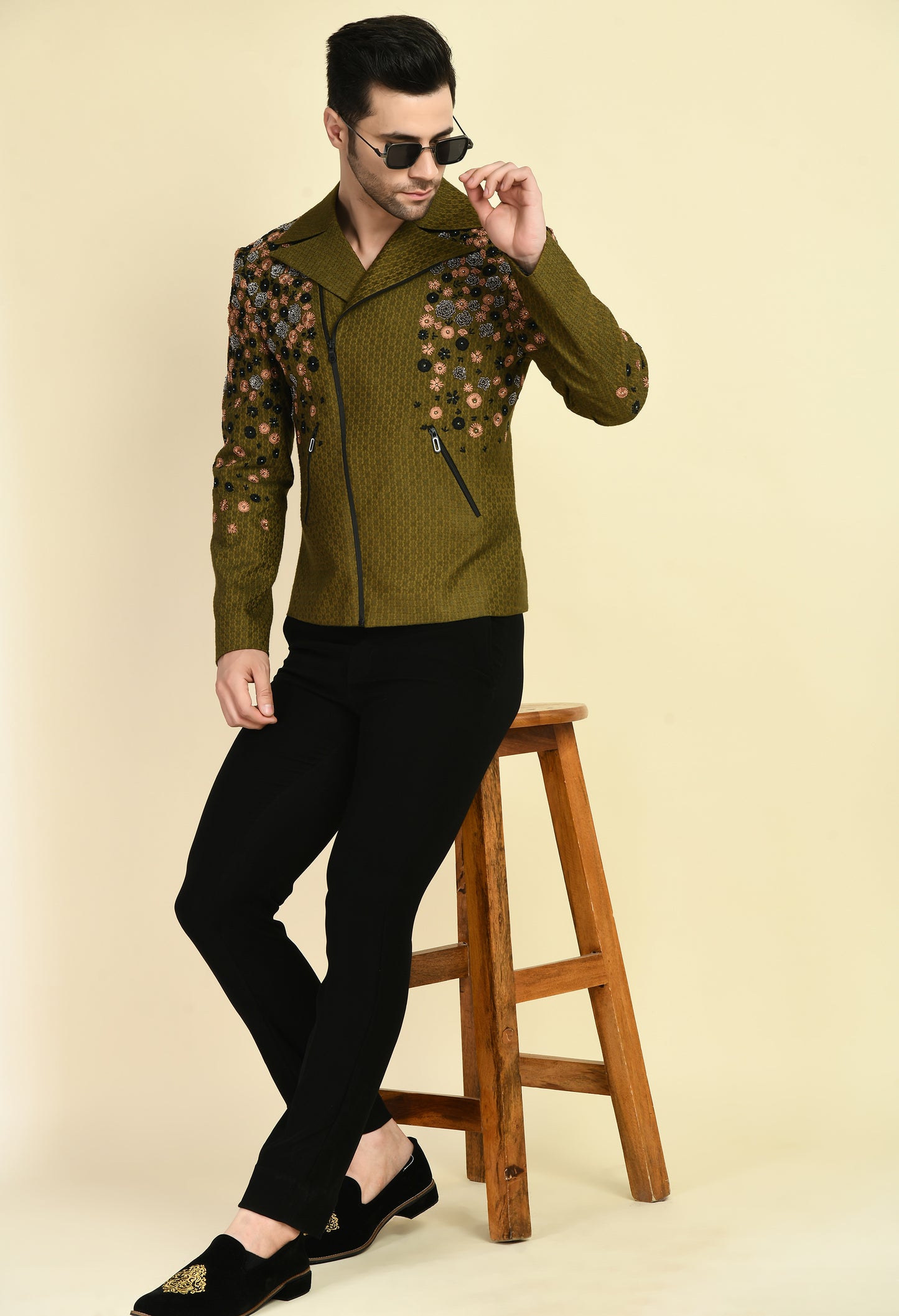 Men’s Biker Jacket – Silk Jaquard in Olive Green with Placement Embroidery | One Man Show
