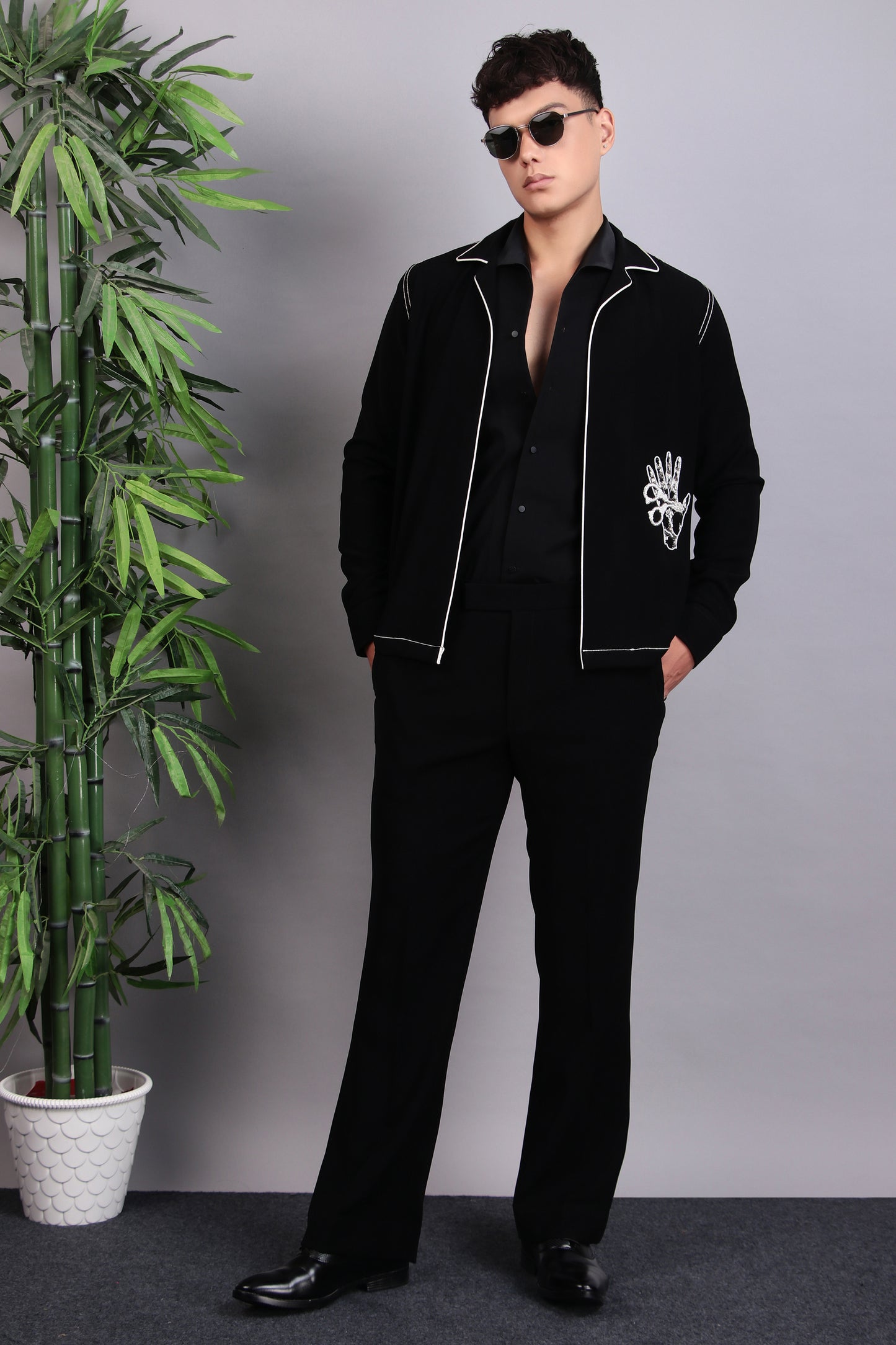 Men’s Tuxedo – Japanese Lycra in Black with Pintex & Beads Embroidery | One Man Show