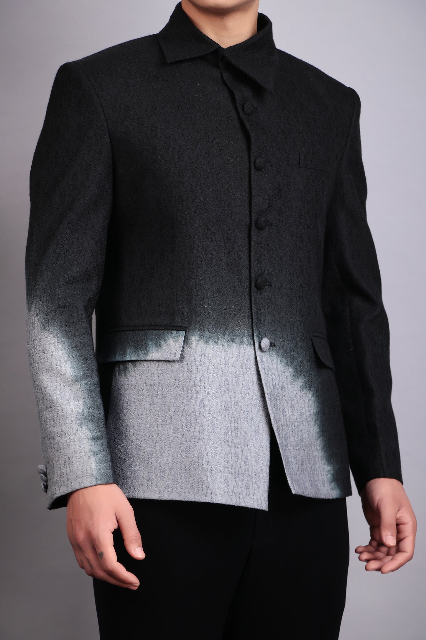 Detail view 6 - Men’s Bandhgala – Cotton Jaquard in Black with Shacket Style Tie and Dye
