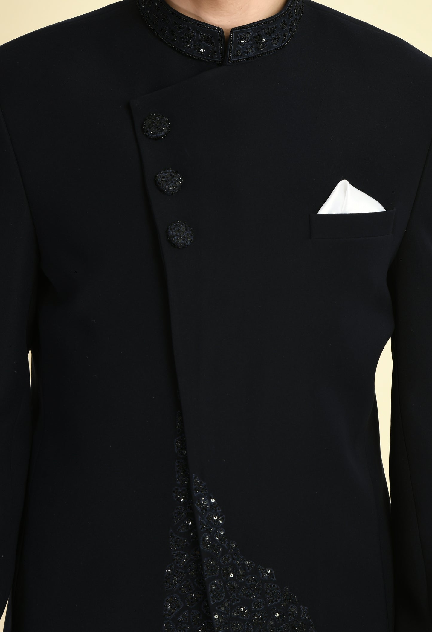 Men’s Bandhgala – Japanese Lycra in Black with Angrakha Front and Abstract Embroidery | One Man Show