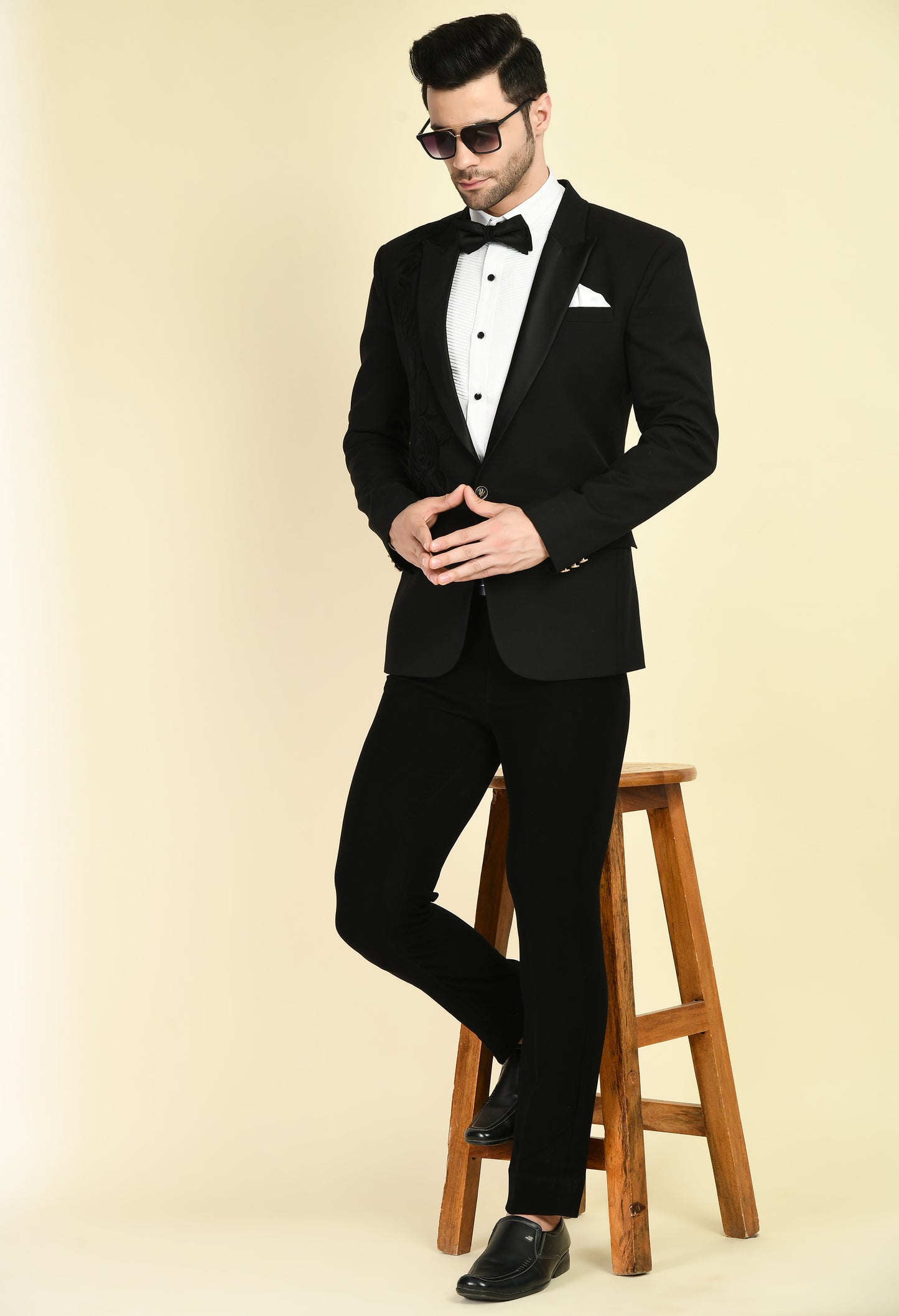 Men’s Tuxedo – Japanese Lycra in Black with Chest Placement Floral Thread Embroidery | One Man Show