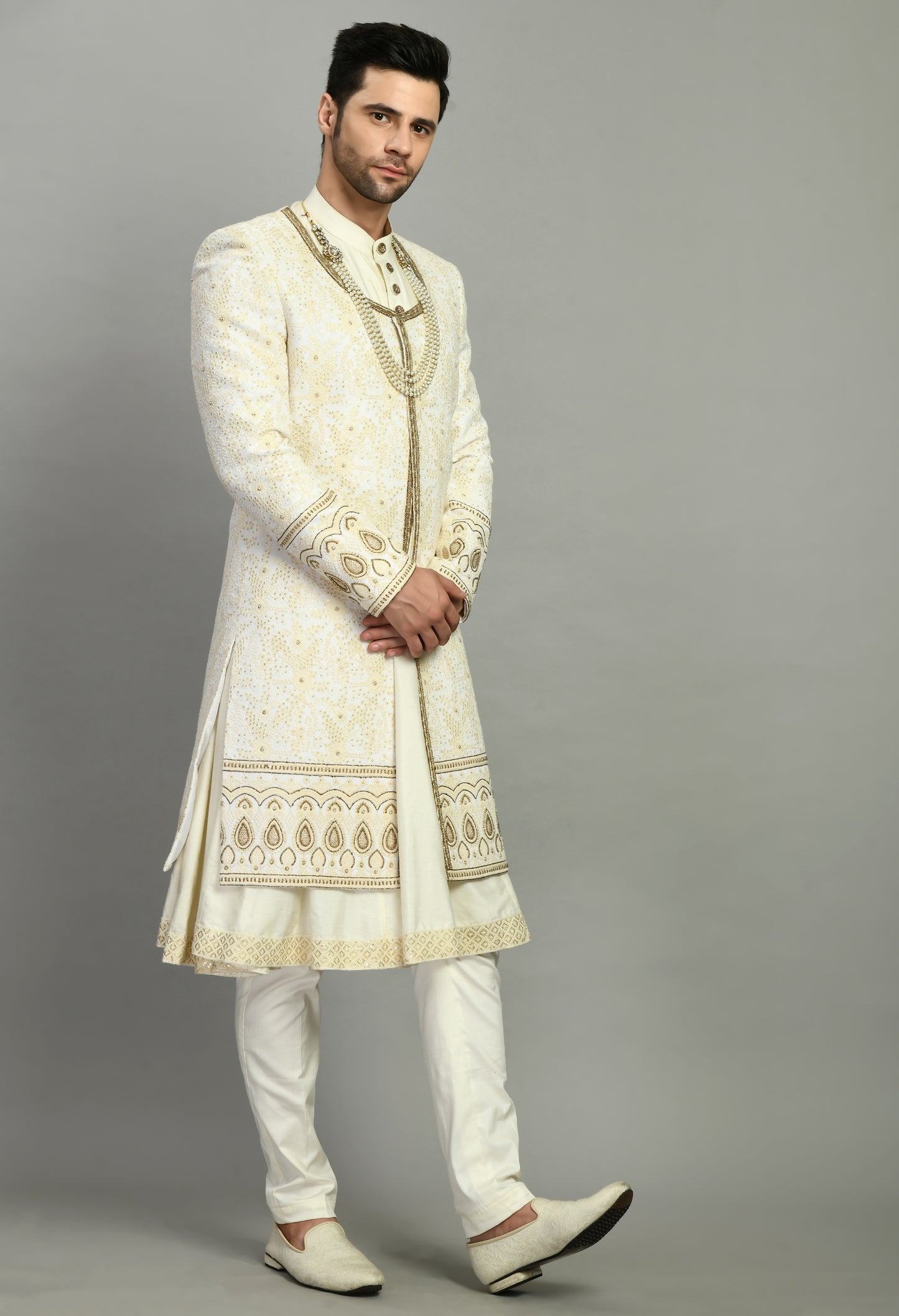 Men’s Sherwani – Silk in Ivory with Detailed Hand Embroidery Allover | One Man Show
