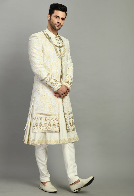 Men’s Sherwani – Silk in Ivory with Detailed Hand Embroidery Allover | One Man Show