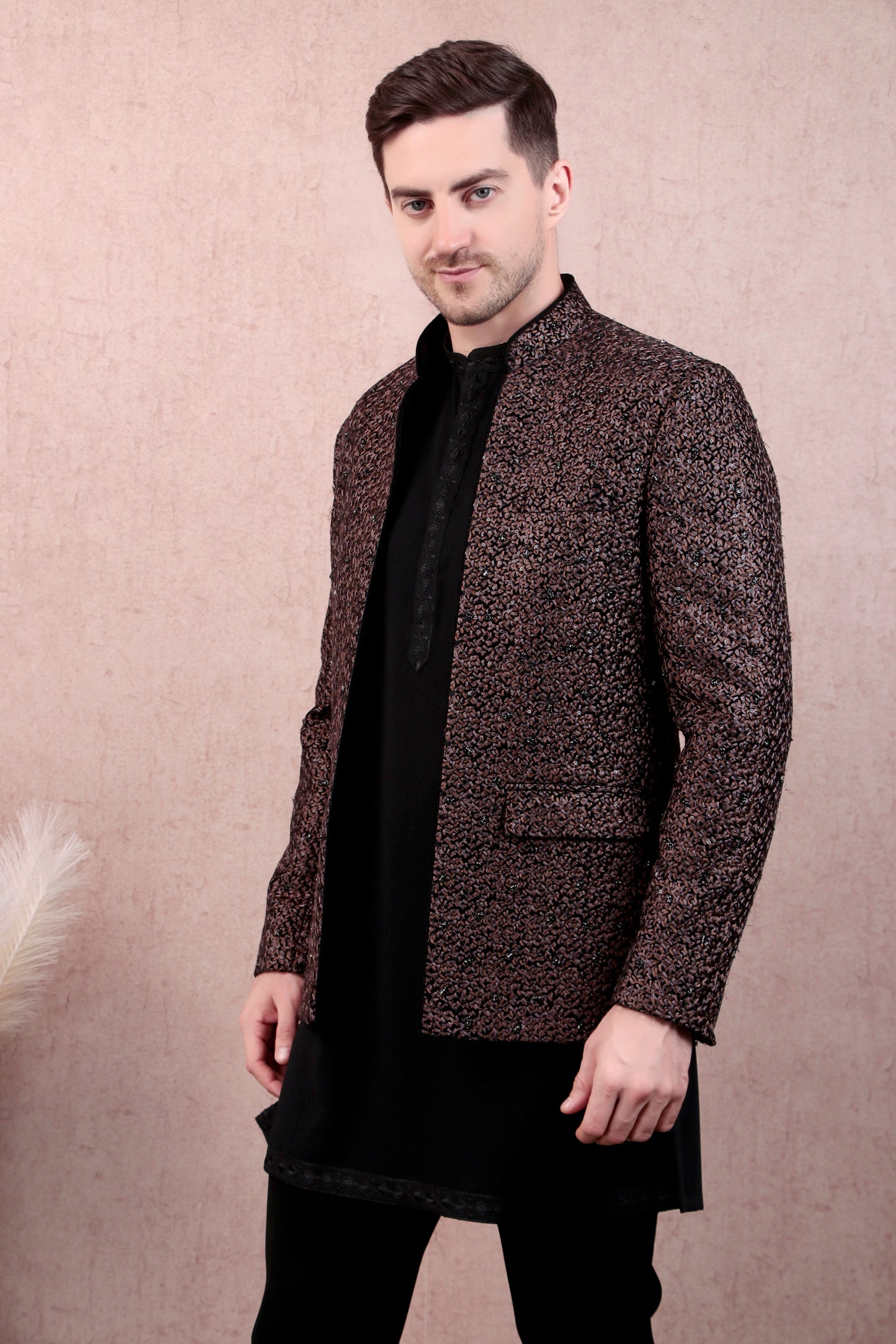 Men’s Kurta Set – Silk in Brown with Abstract Silk Thread & Hand Embroidery Jacket over Japanese Lycra Kurta | One Man Show