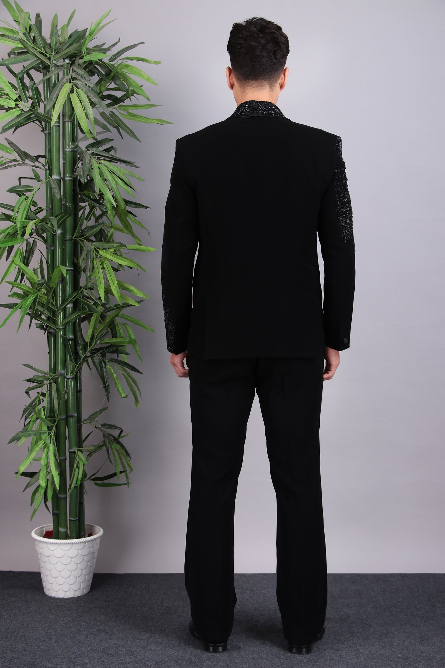 Men’s Tuxedo – Japanese Lycra in Black with Layered Lapel & Beaded Embroidery | One Man Show