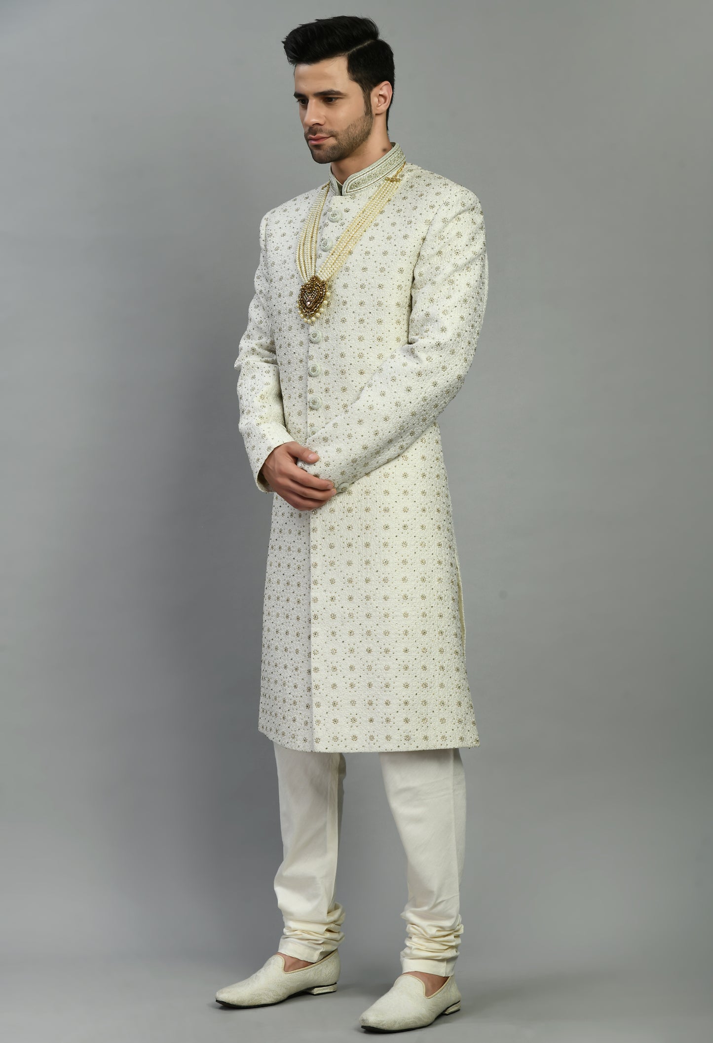 Men’s Sherwani – Silk in Ivory with Detailed Hand Embroidery Allover | One Man Show