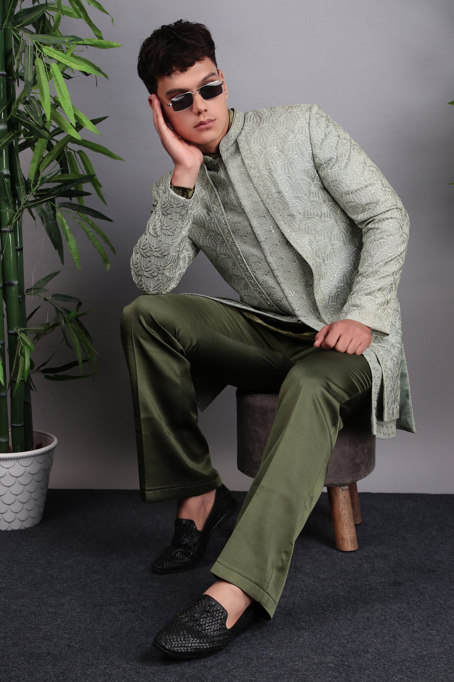 Detail view 4 - Men’s Indo-Western – Georgette Embroidered in Green with Hand Embroidery