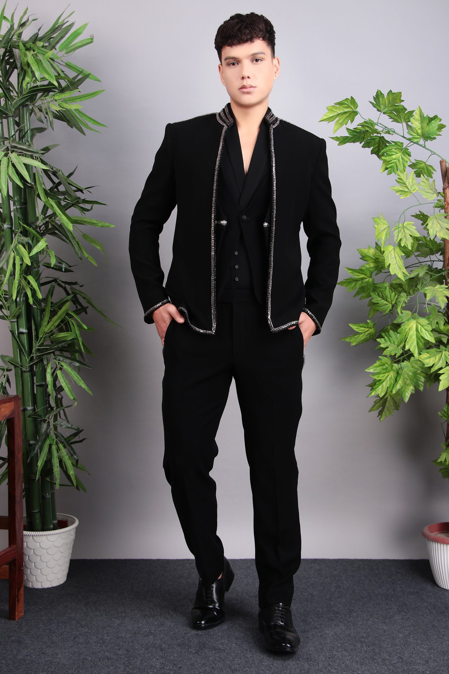 Men’s Tuxedo – Japanese Lycra in Black with Modern Front Zipper Jacket | One Man Show
