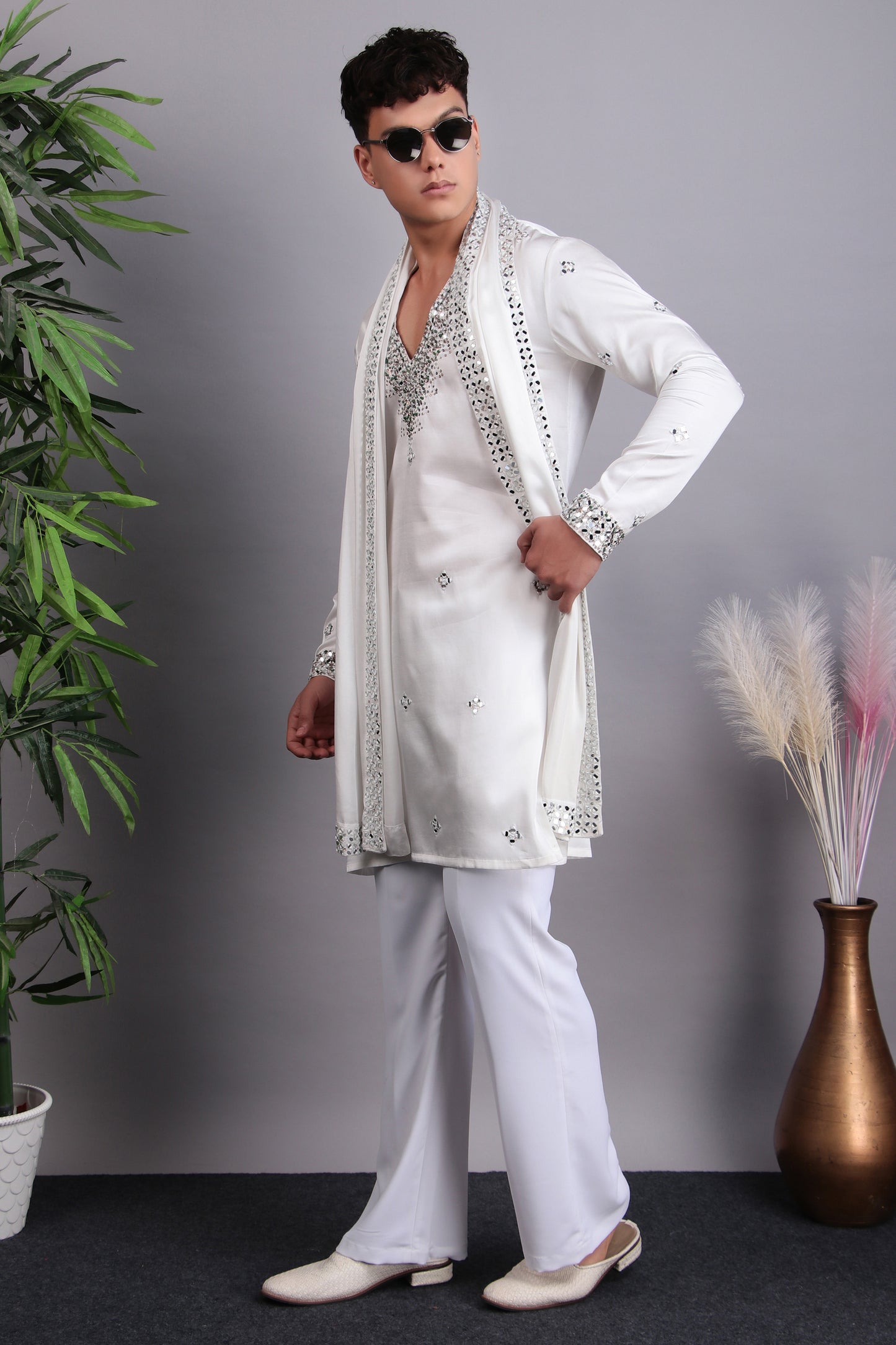 Men’s Kurta Set – Modal Satin in White with Brads, Stone and Mirror Embroidery | One Man Show