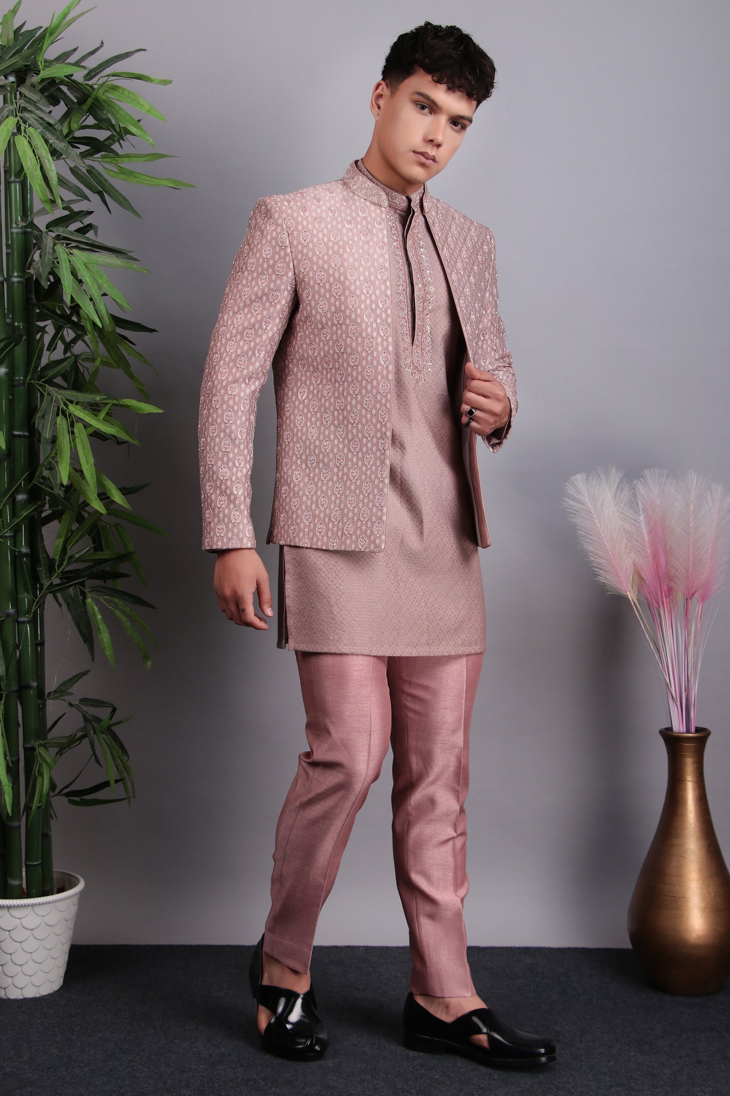 Men’s Indo-Western – Silk Embroidered Fabric in Pink with Floral Hand Embroidery | One Man Show