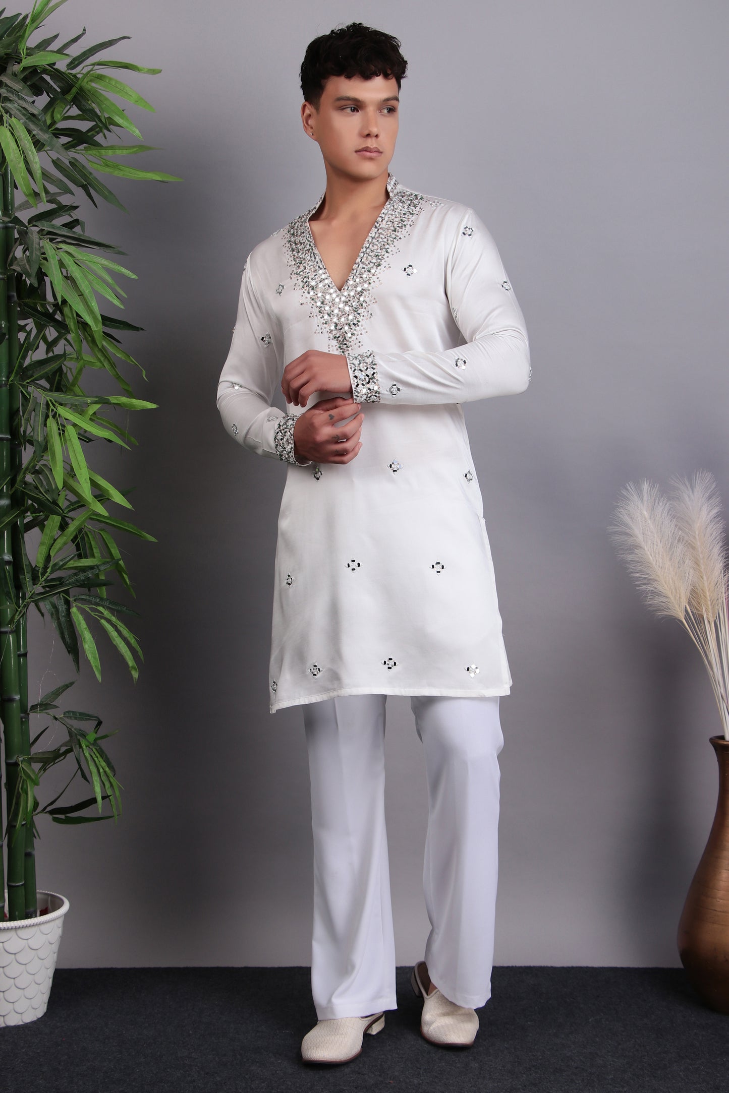 Men’s Kurta Set – Modal Satin in White with Brads, Stone and Mirror Embroidery | One Man Show