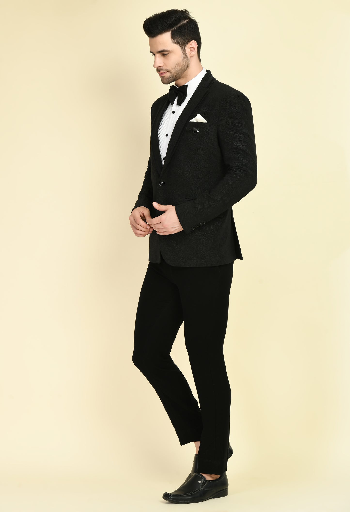 Men’s Tuxedo – Japanese Lycra in Black with Jaquard Abstract Design | One Man Show