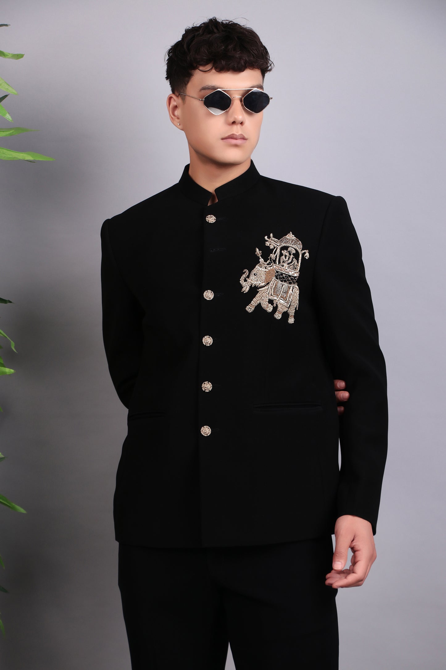 Men’s Bandhgala – Japanese Lycra in Black with Patch Motif Embroidery | One Man Show
