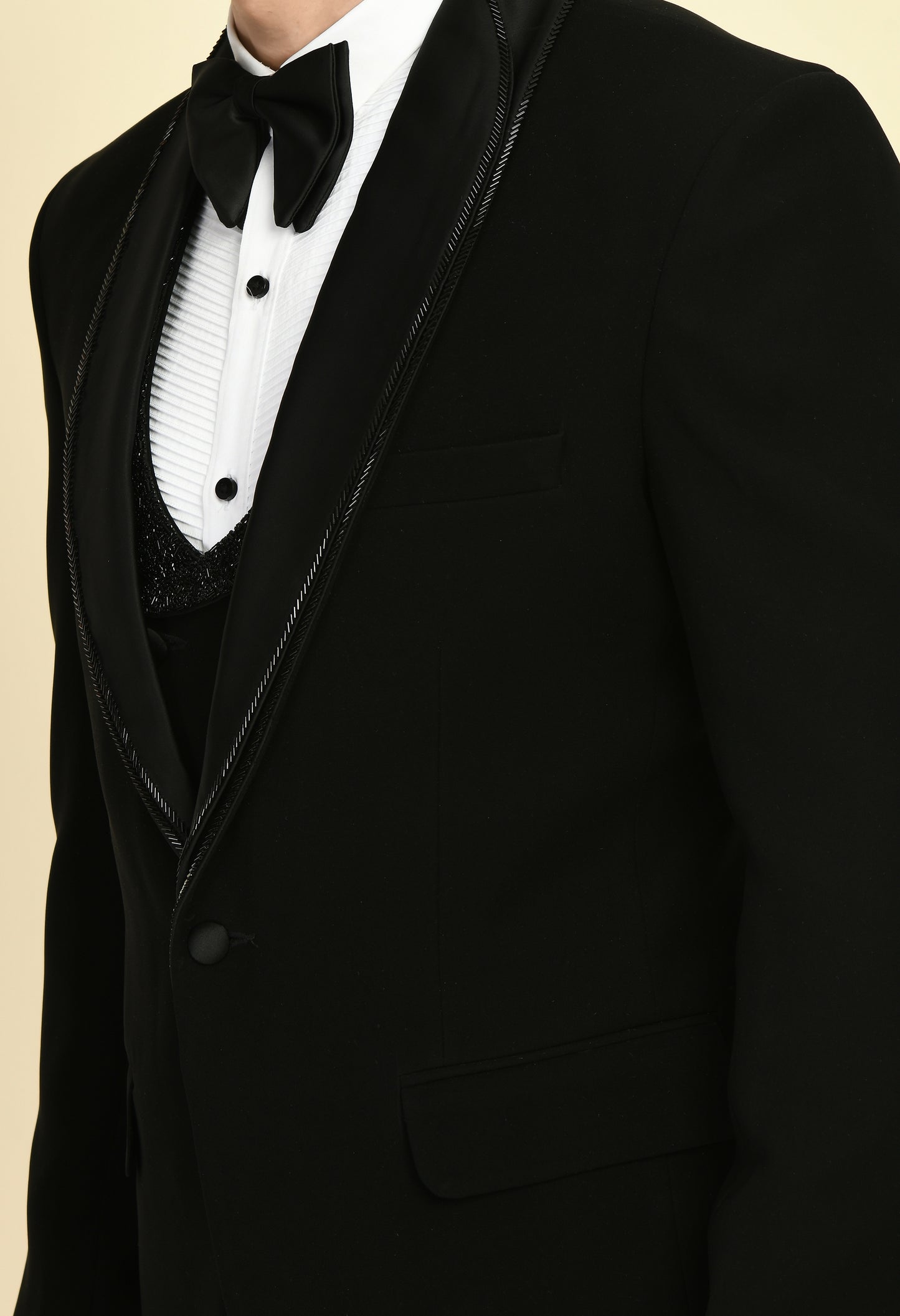Men’s Tuxedo – Japanese Lycra in Black with Glass Beads Work on Double Lapel Design | One Man Show