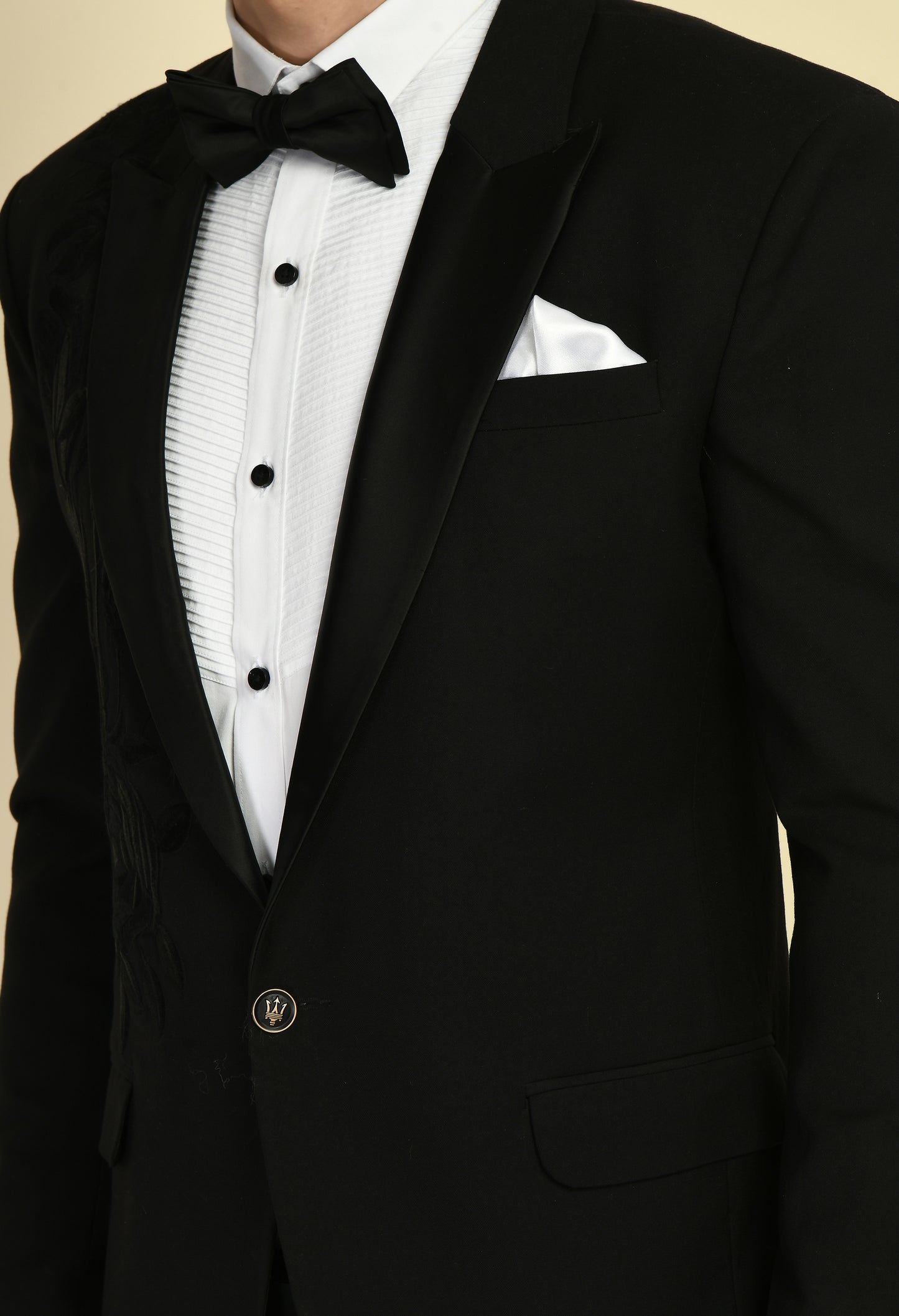 Men’s Tuxedo – Japanese Lycra in Black with Chest Placement Floral Thread Embroidery | One Man Show