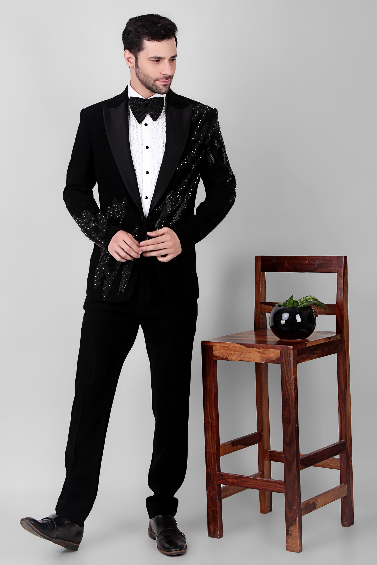 Men’s Tuxedo – Japanese Lycra in Black with Abstract Embroidery | One Man Show