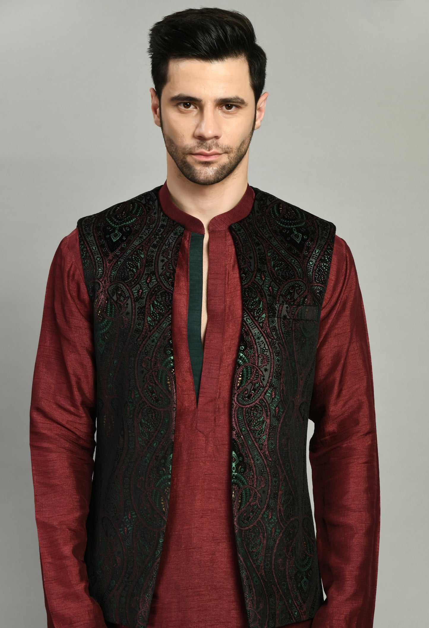 Men’s Nehru Jacket – Velvet Printed in Maroon with Front Open Design | One Man Show
