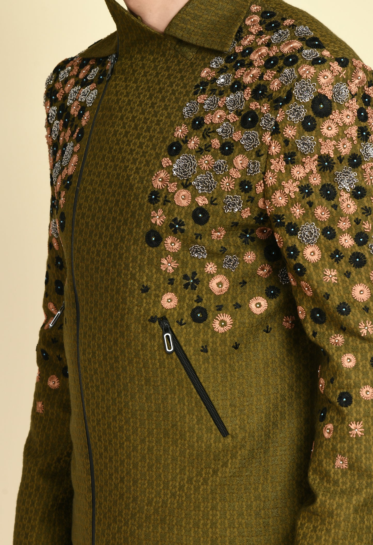 Men’s Biker Jacket – Silk Jaquard in Olive Green with Placement Embroidery | One Man Show