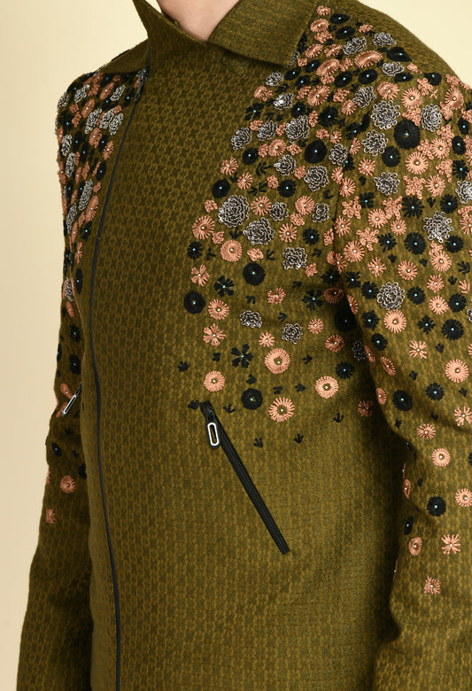 Men’s Biker Jacket – Silk Jaquard in Olive Green with Placement Embroidery | One Man Show