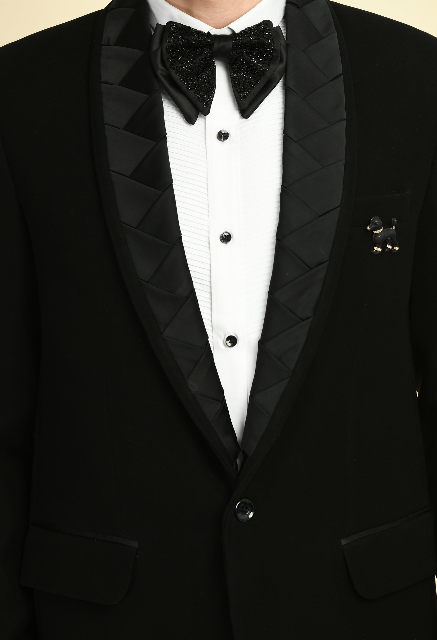Men’s Tuxedo – Japanese Lycra in Black with Woven Satin Strips Design | One Man Show