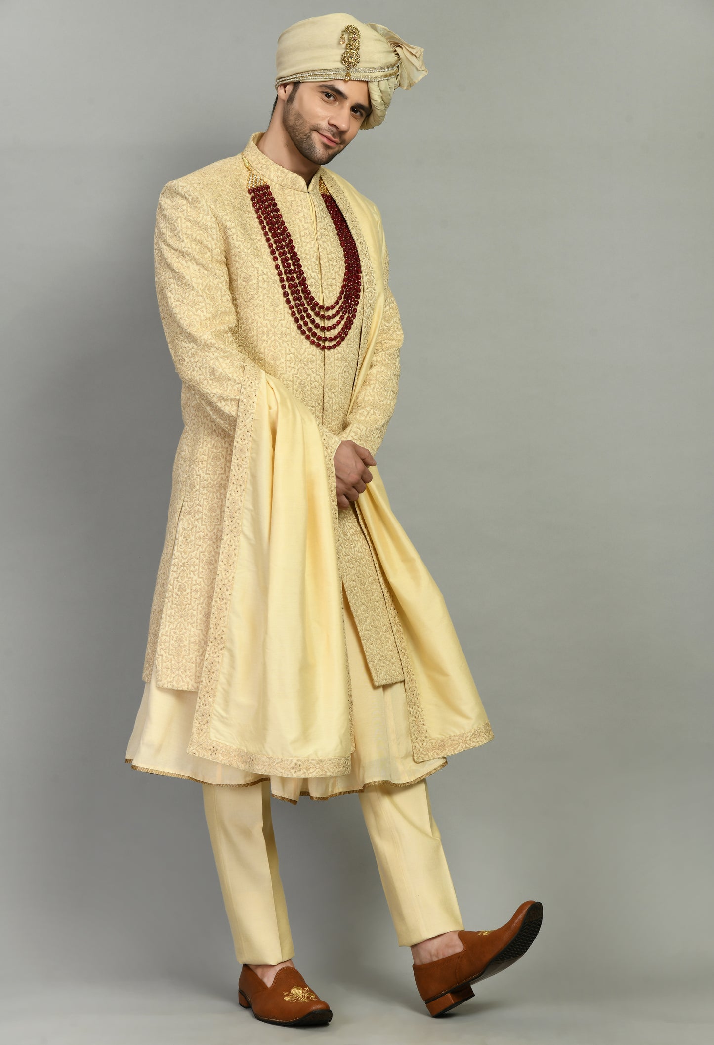 Men’s Sherwani – Silk in Beige with Detailed Hand Embroidery Allover | One Man Show