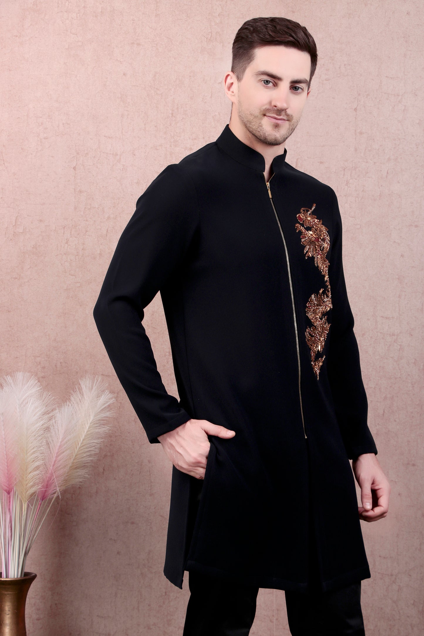 Men’s Kurta Set – Japanese Lycra Zip Front in Black with Zari Motif | One Man Show